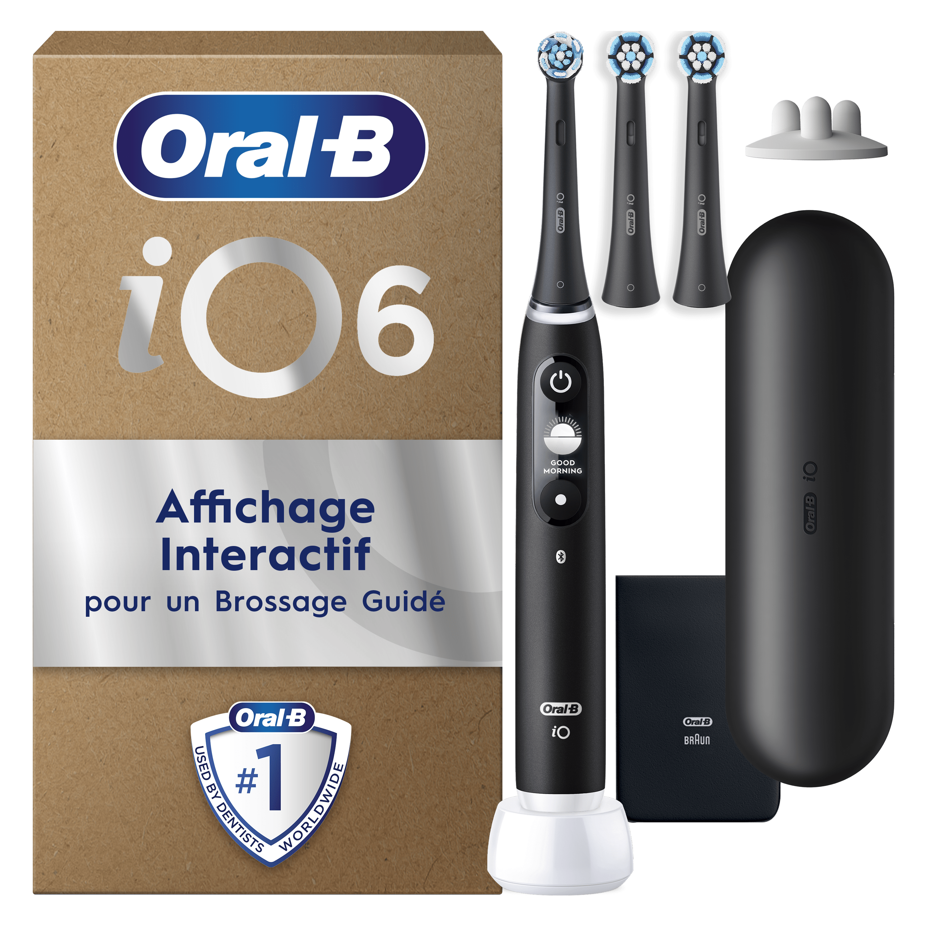 Brosse À Dents Électrique Oral-B iO6 | Noire| 3 brossettes | Batterie Longue Durée | Étui De Voyage Premium | Pochette pour Chargeur | Porte-brossettes