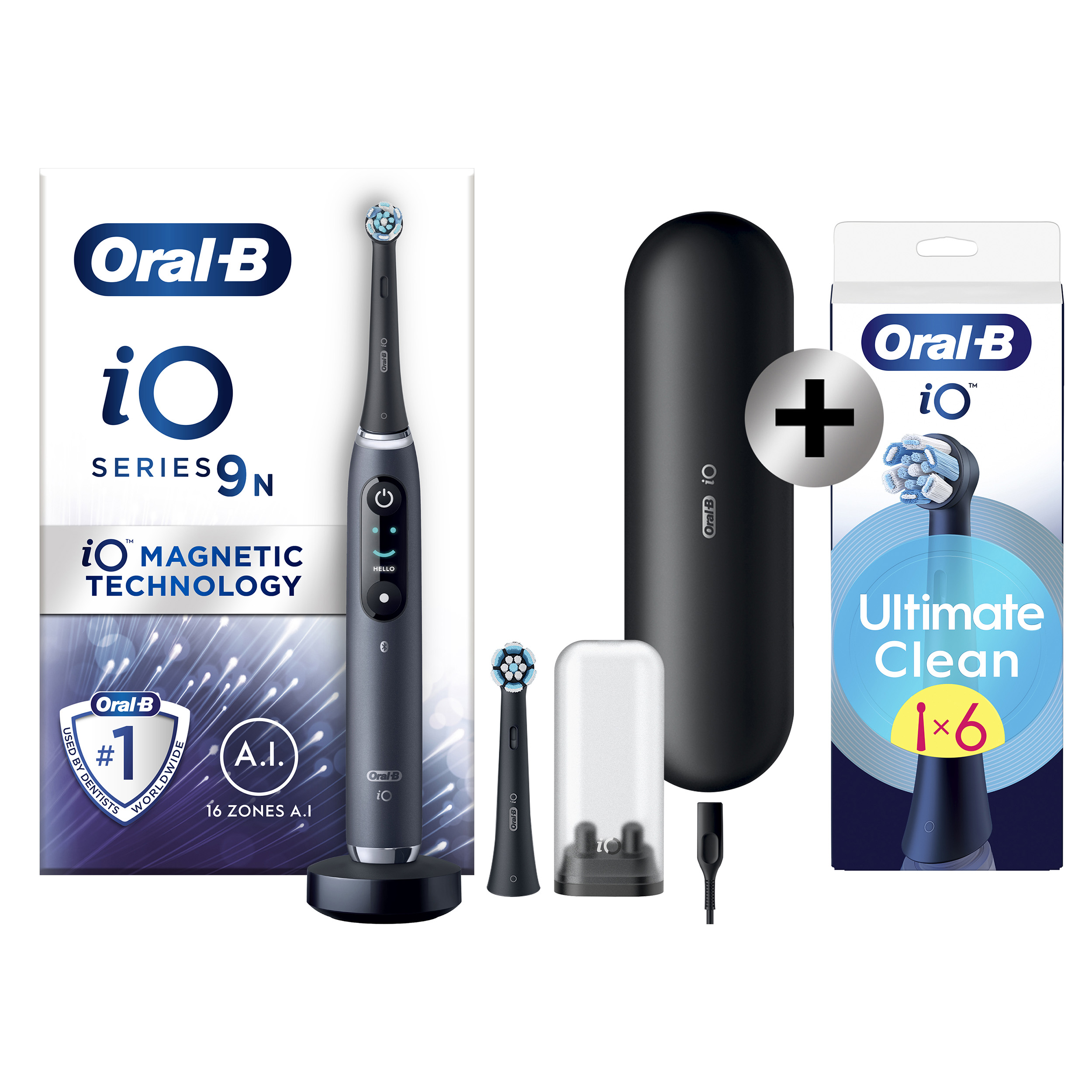 Oral-B iO 9 Noire Brosse à dents électrique avec 2 brossettes + 6 brossettes