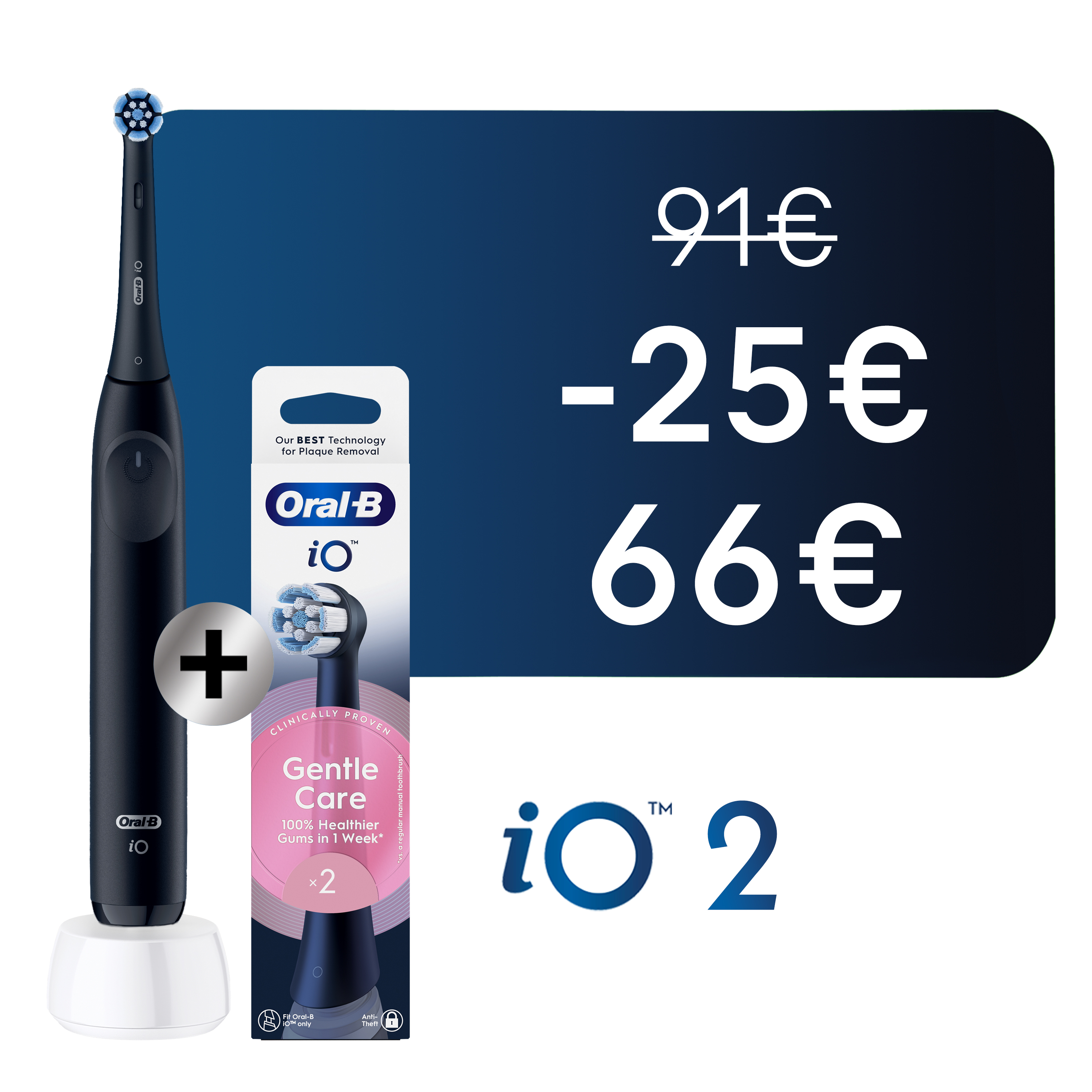 Oral-B iO2 Brosse À Dents Électrique Noire avec 2 Brossettes