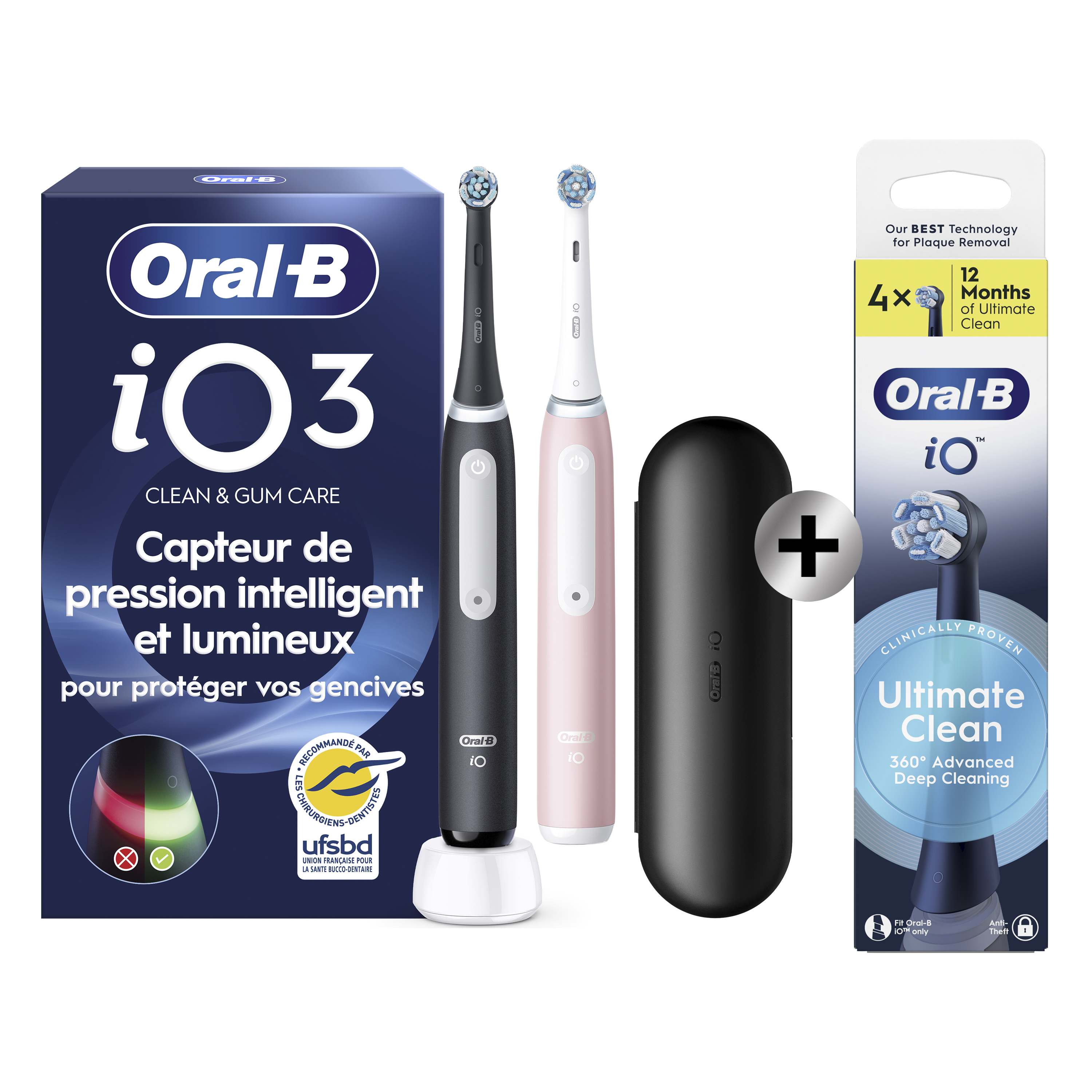 Oral-B Duo Pack iO 3 - Brosses à dents électriques (Noire & Rose) avec 2 brossettes + pack de 4 brossettes: retailer-supplied image