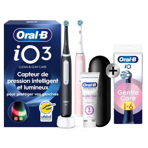 Oral-B iO3 Noire et Rose Brosses à dents électriques + 2 brossettes + Étui de voyage + Oral-B 3D White Dentifrice…: retailer-supplied image
