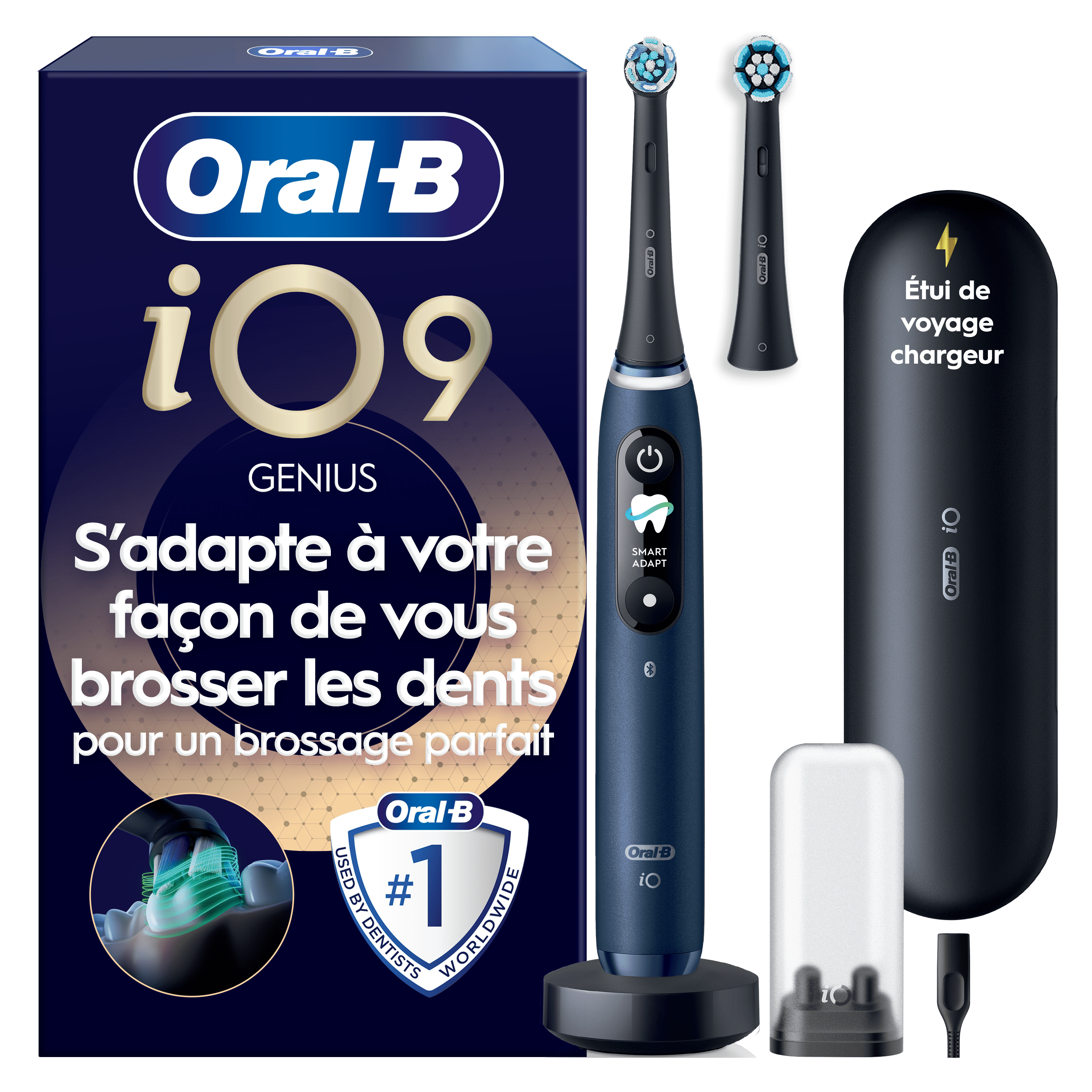 Brosse à dents électrique Oral-B iO9 | Bleu Saphir | 2 brossettes | Chargeur Magnétique Rapide | Batterie Longue Durée | Étui de Voyage de Charge | Porte-brossettes