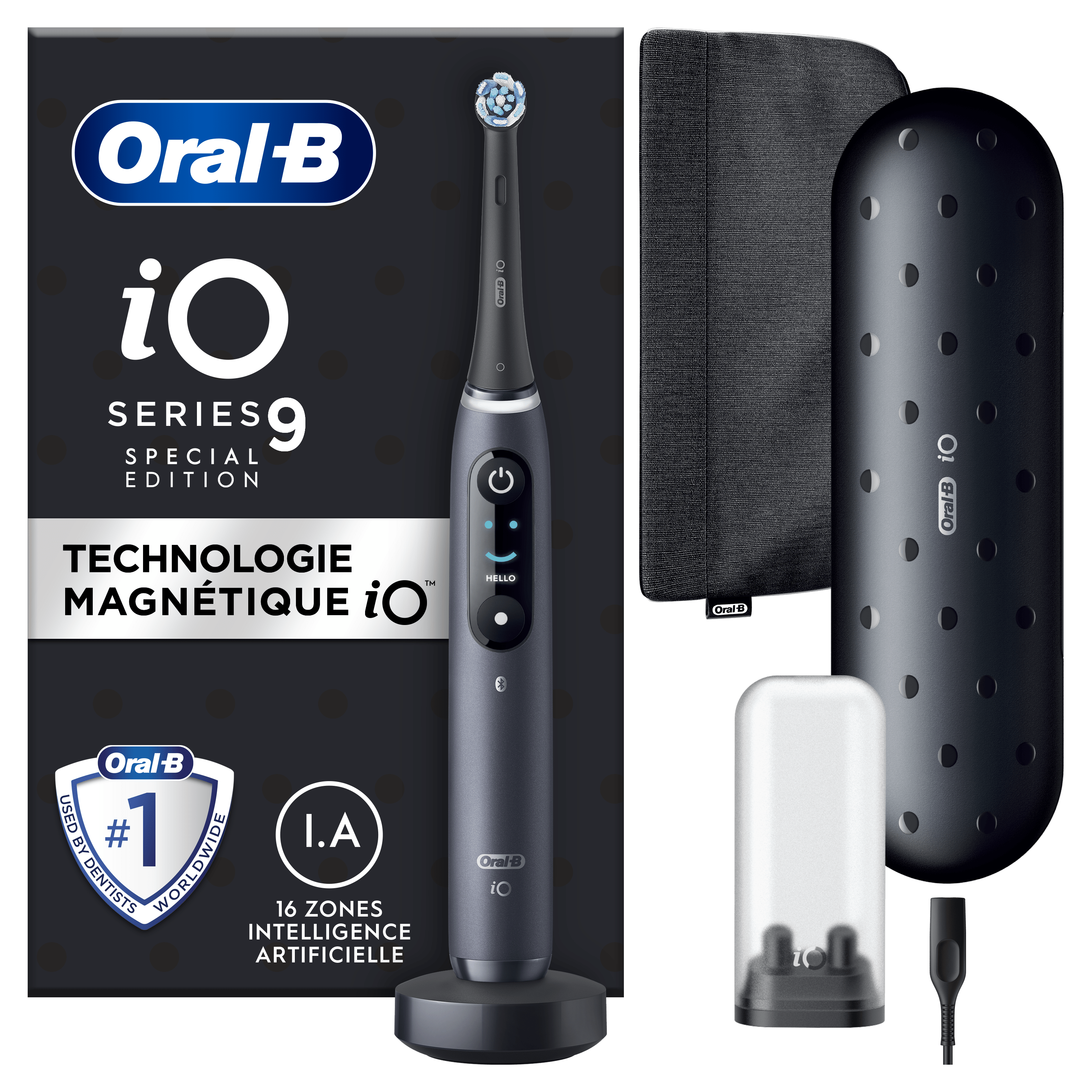 Oral-B iO 9 Brosse À Dents Électrique Édition Spéciale Noire, 1 Brossette, 1 Étui De Voyage Chargeur, 1 Pochette Magnétique