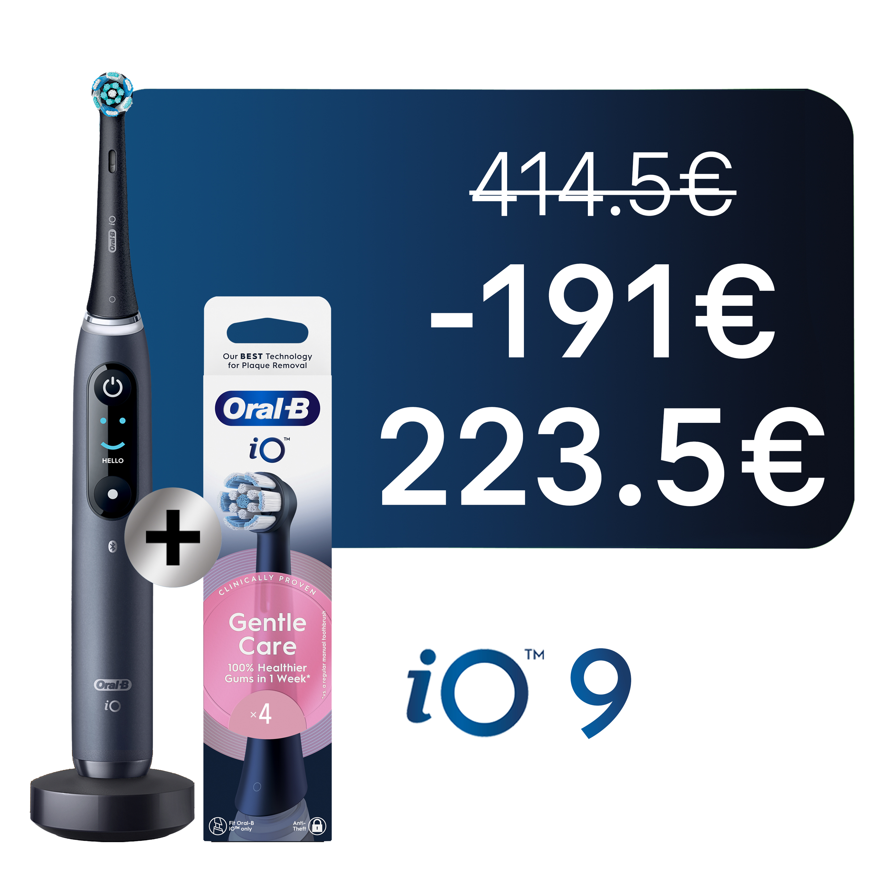 Oral-B iO 9 Brosse à Dents Électrique Noire + Brossettes iO Gentle Care Noires, Lot de 4