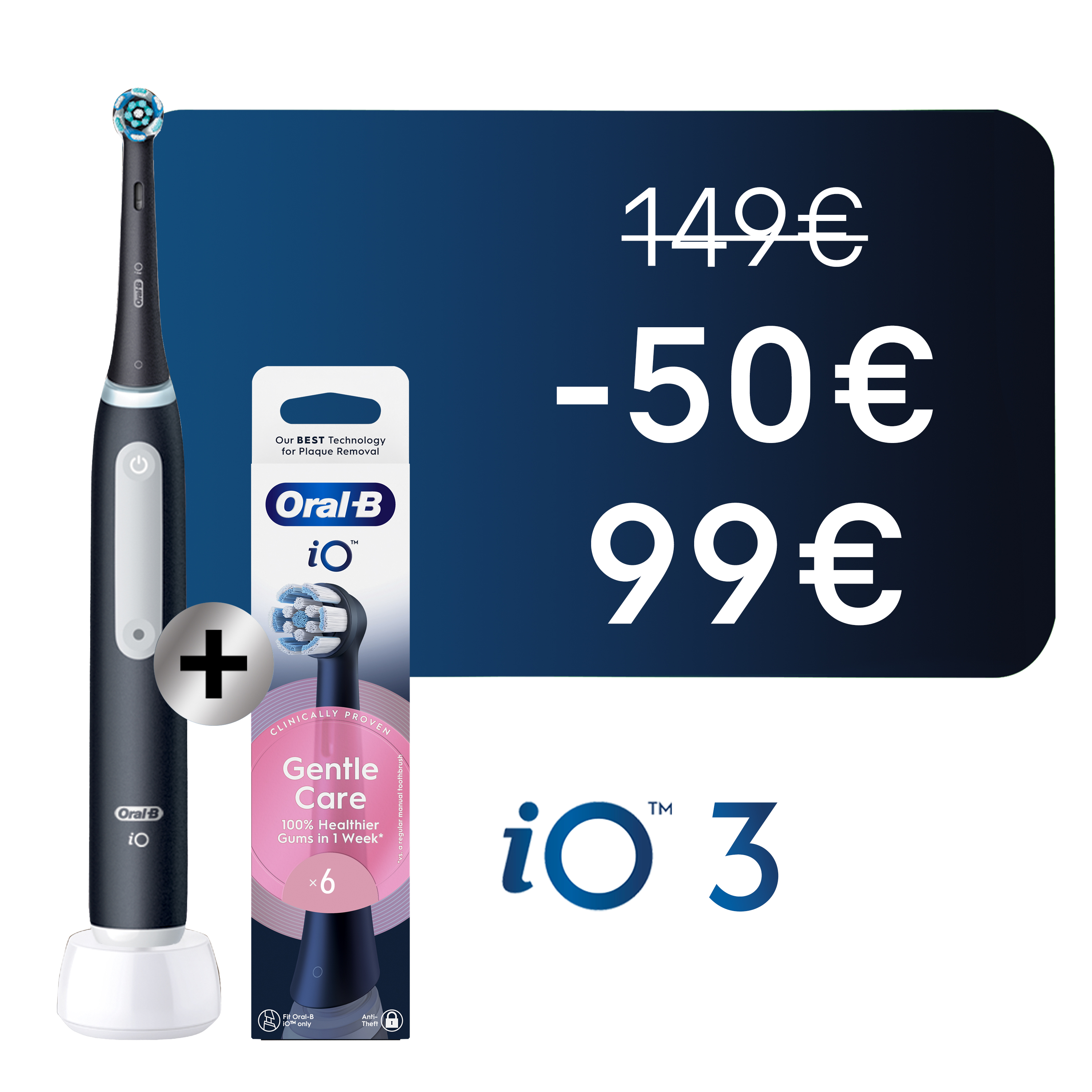 Oral-B iO3 Noire - Brosse à Dents Électrique avec 3 brossettes + pack de 6 brossettes