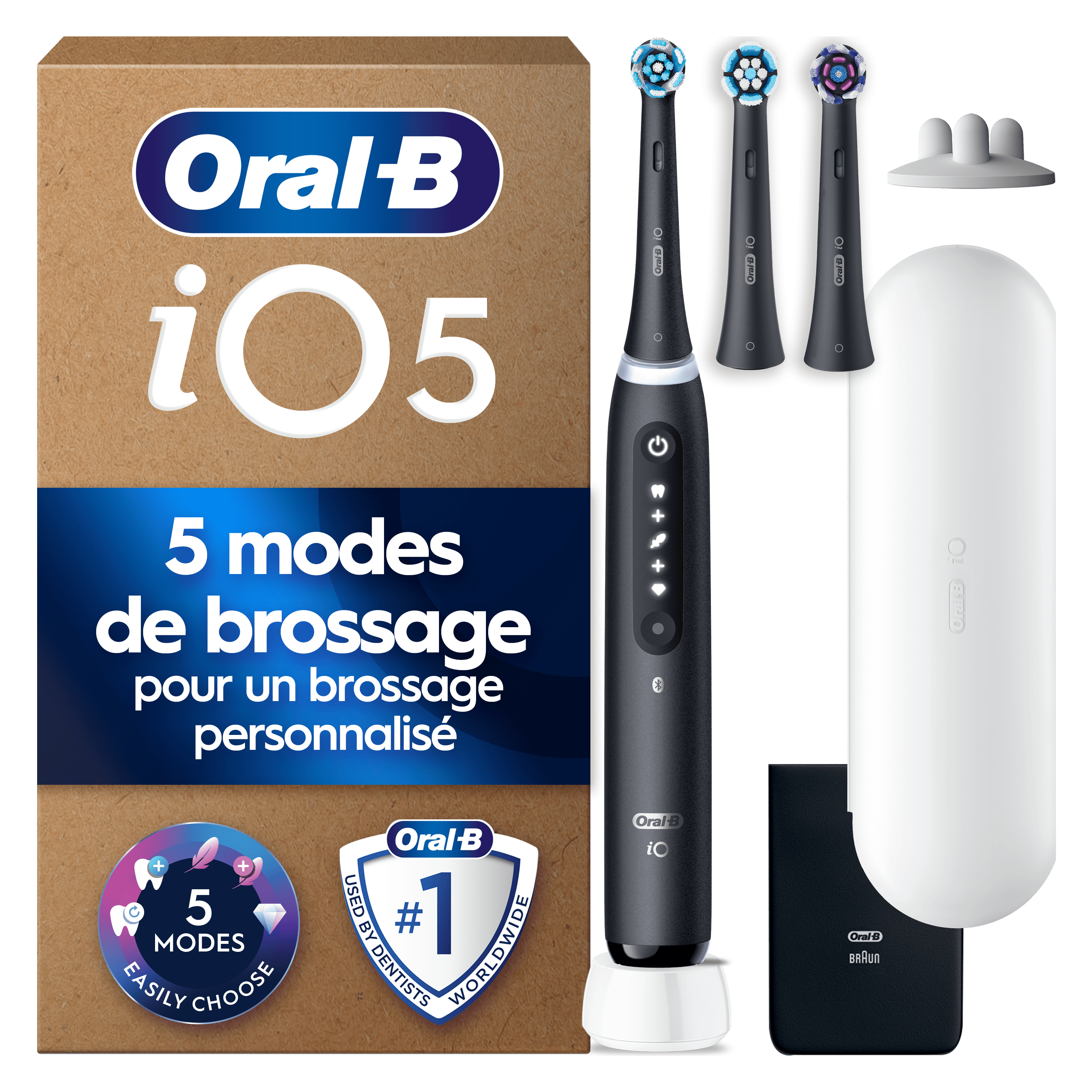 Brosse À Dents Électrique Oral-B iO5 | Noire | 3 brossettes | Batterie Longue Durée | Étui De Voyage Premium | Pochette pour Chargeur | Porte-brossettes