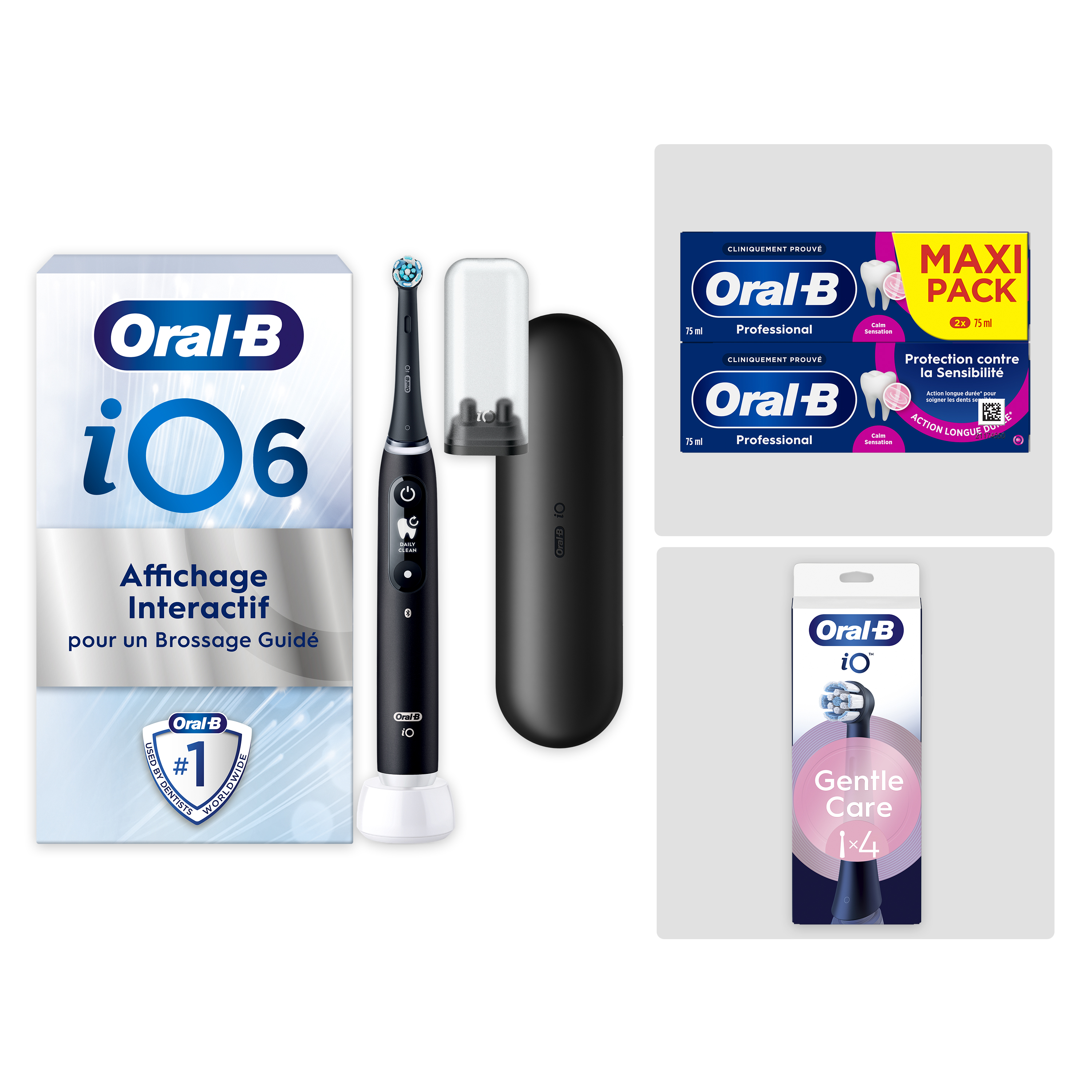 Pack Oral-B iO6 Noire - Sensibilité avec : 1 brosse à dents électrique + 2 dentifrices + 4 brossettes + 1 étui de voyage