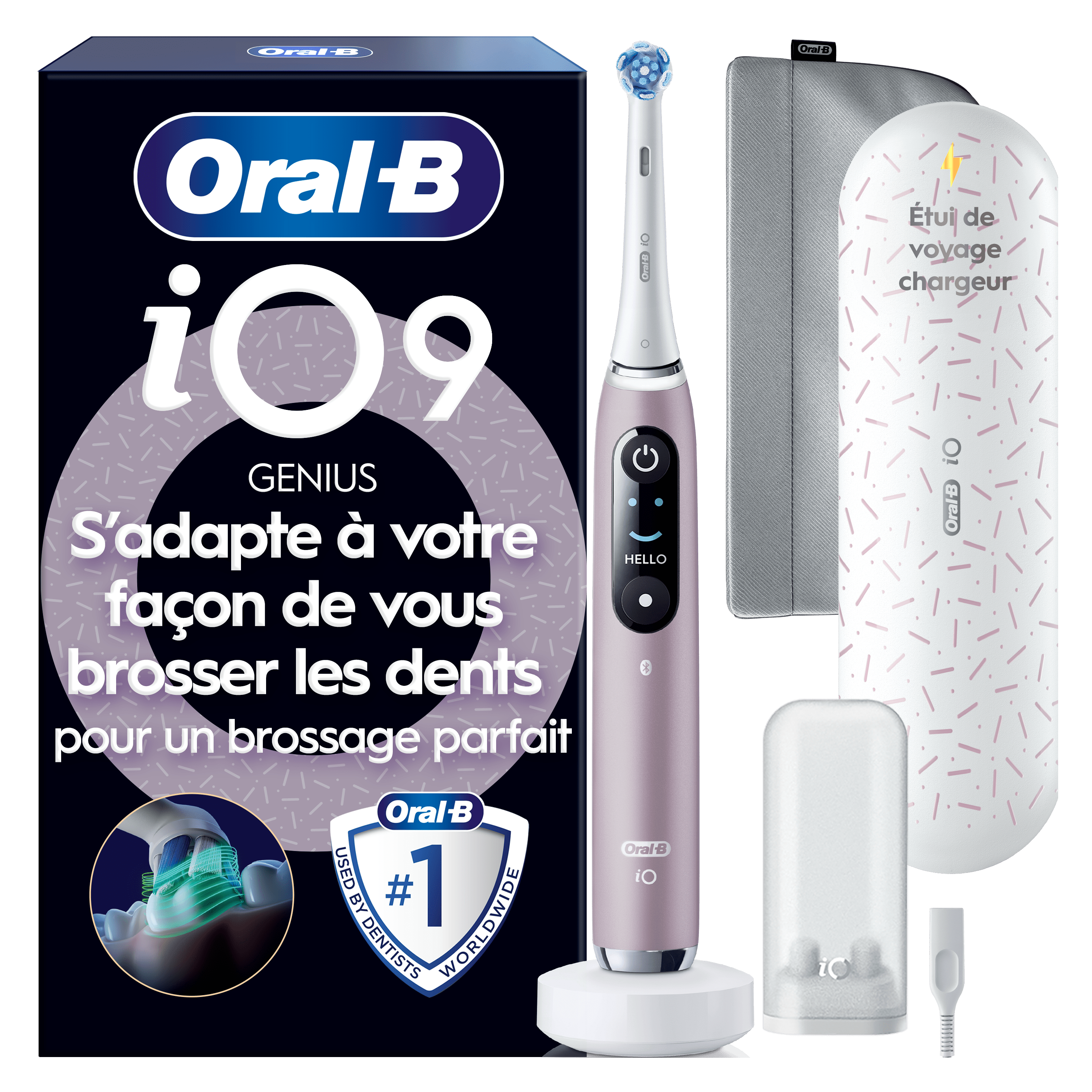 Brosse à dents électrique Oral-B iO9 Rose, 1 brossette, Étui de voyage chargeur, Édition cadeau