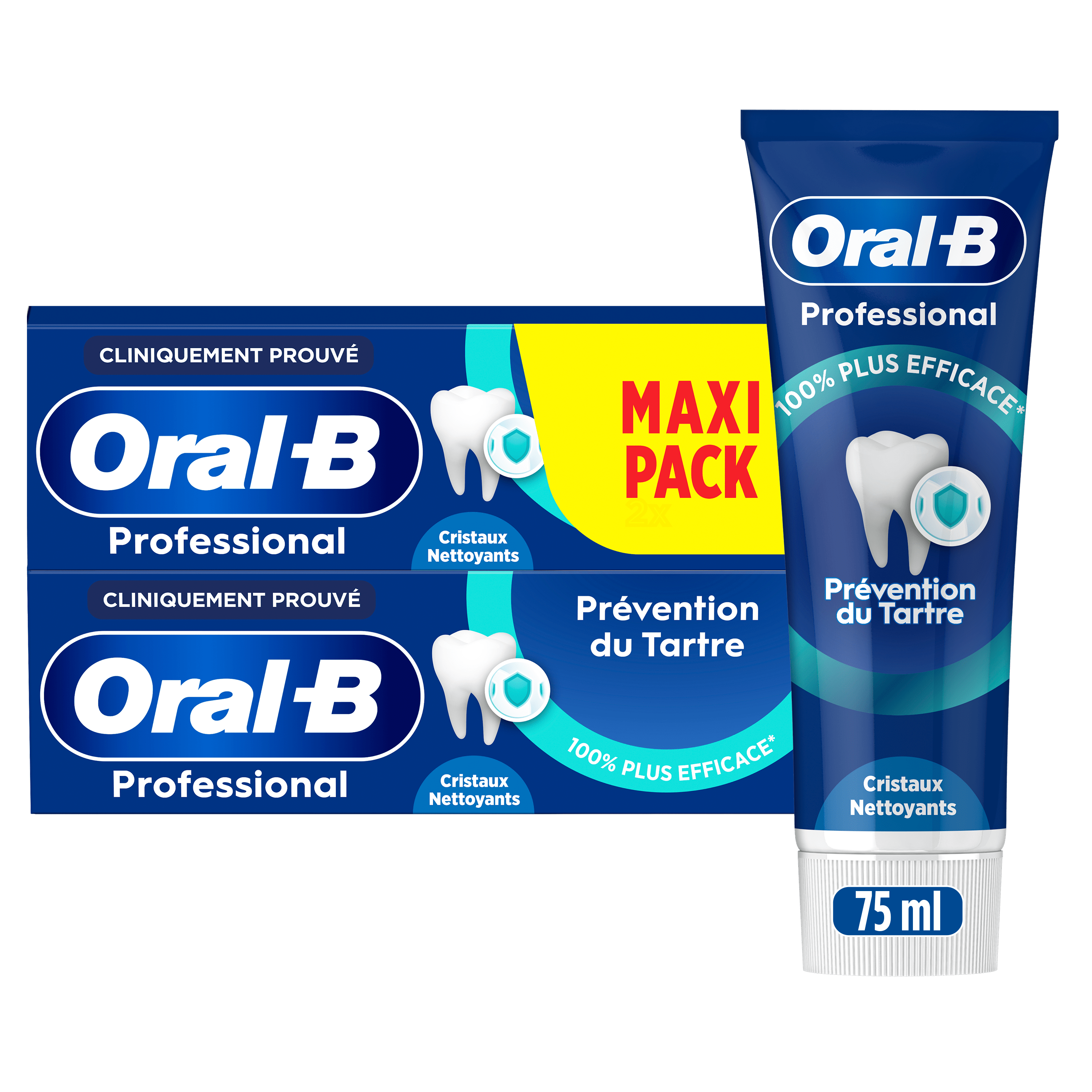 Oral-B Professional, pack double et tube, mettant en avant l'efficacité à 100% pour la prévention du tartre.