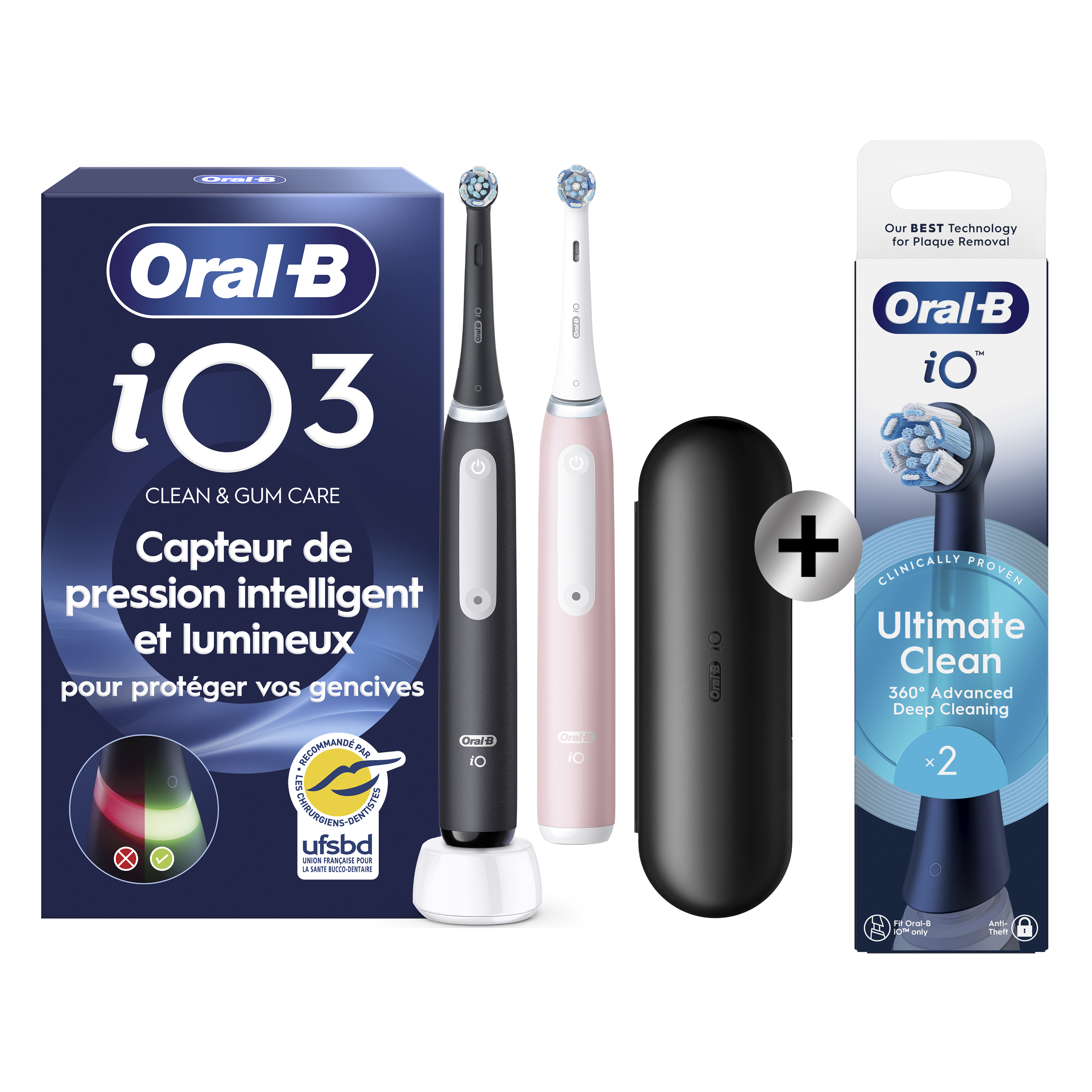Oral-B Duo Pack iO 3 - Brosses à dents électriques (Noire & Rose) avec 2 brossettes + pack de 2 brossettes: retailer-supplied image