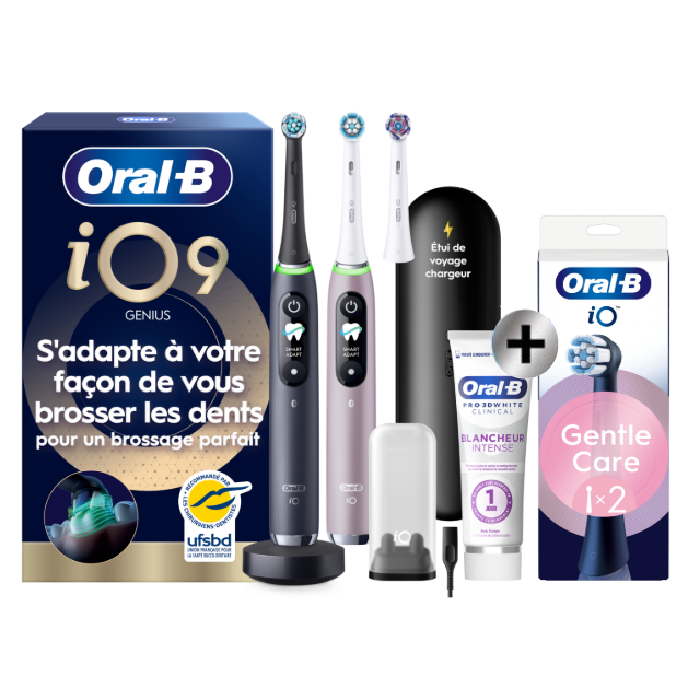 Oral-B iO9 Noire et Rose Brosses à dents électriques + 3 brossettes + Étui de voyage + Oral-B 3D White Dentifrice…: retailer-supplied image