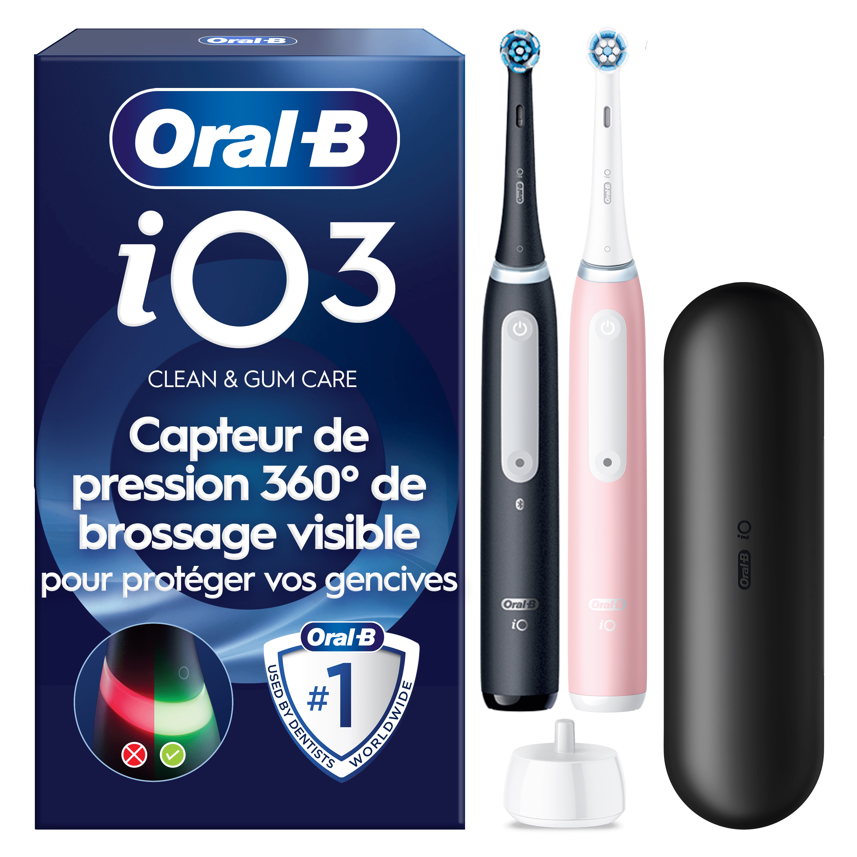 Brosse À Dents Électrique Oral-B iO3, Lot De 2, Noire & Rose, 2 brossettes, Étui De Voyage