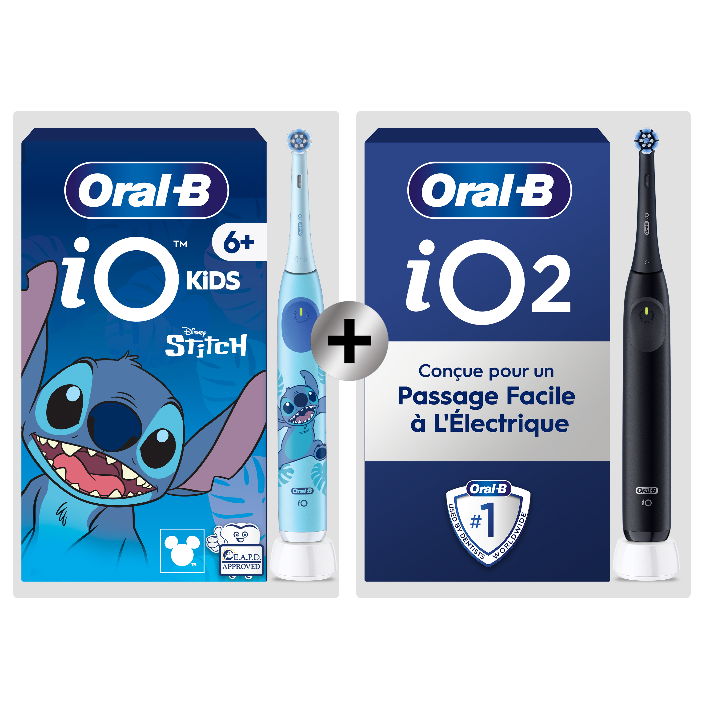 Oral-B iO Kids brosse à dents Stitch, conçue et approuvée par les dentistes, efficace contre les caries, douce pour les gencives. Oral-B iO Series 2, emballage mettant en avant des dents 100% plus propres et un passage facile à la brosse à dents électrique.