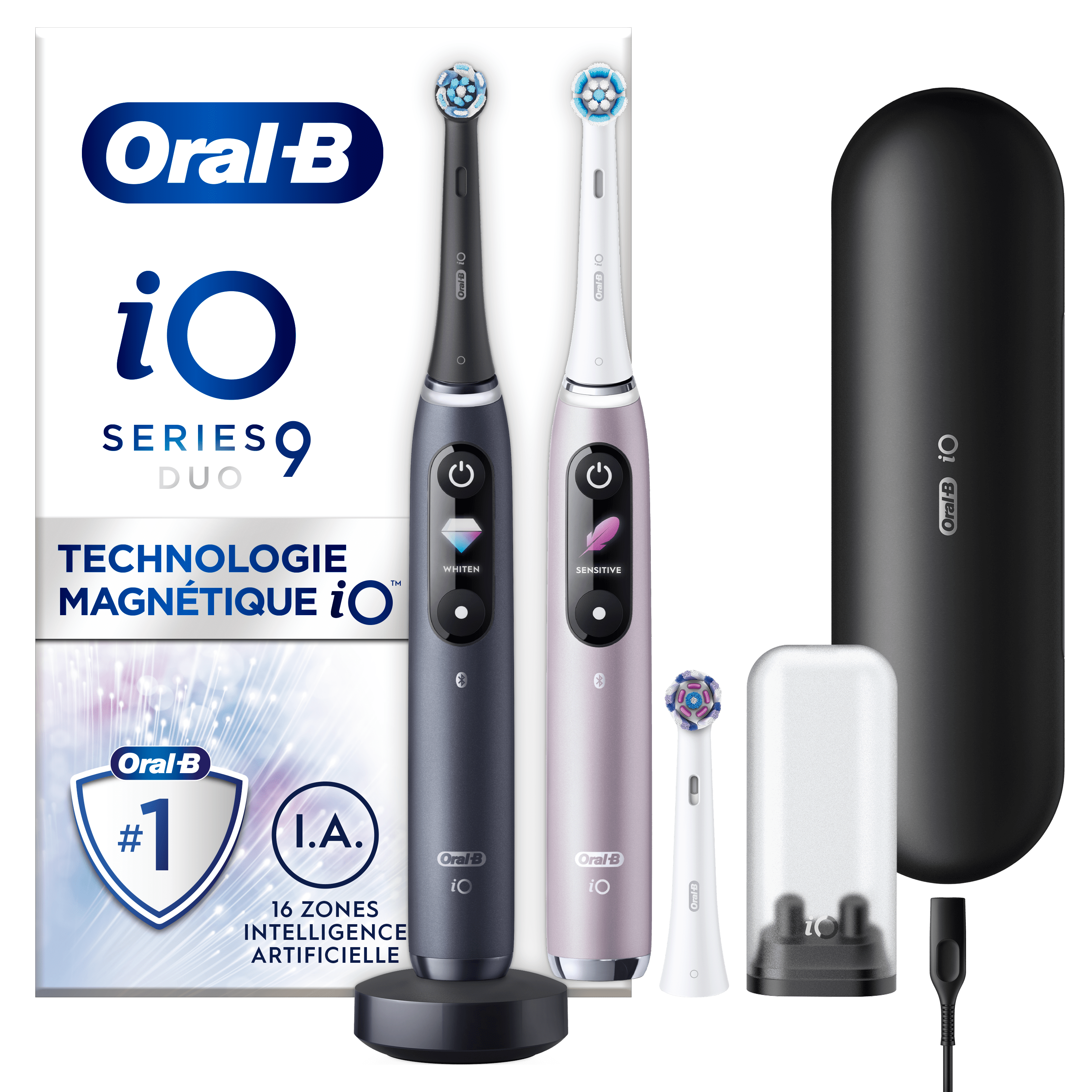 Oral-B iO Series 9 Duo avec emballage, mettant en avant la technologie magnétique iO et l'intelligence artificielle pour 16 zones.