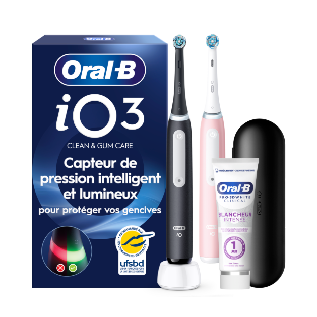 Oral-B iO3 Noire et Rose Brosses à dents électriques + 2 brossettes + Étui de voyage + Oral-B 3D White Dentifrice…: retailer-supplied image