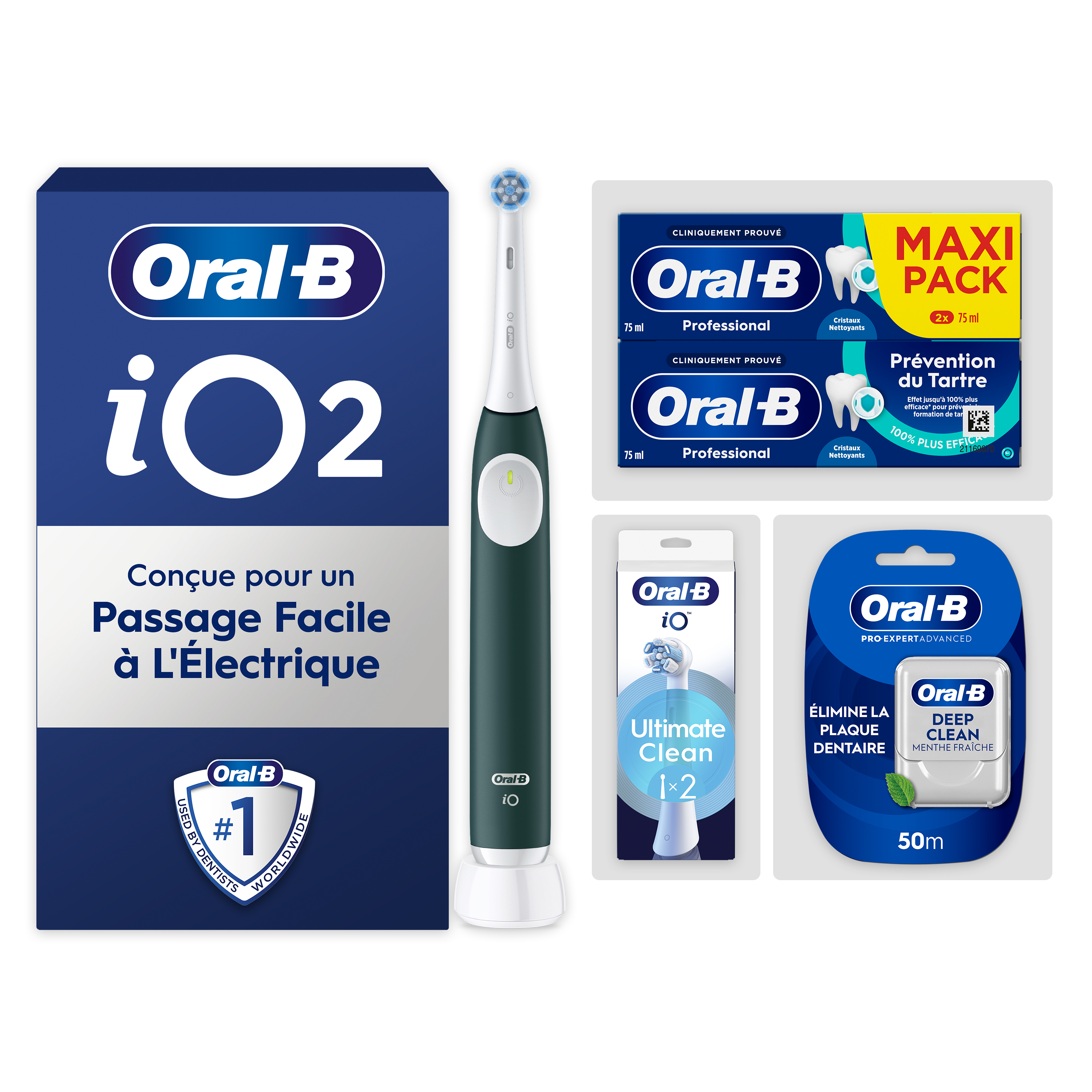 Pack Oral-B iO2 Verte - Routine Complète avec : 1 brosse à dents électrique + 2 dentifrices + 2 brossettes + 1 fil dentaire