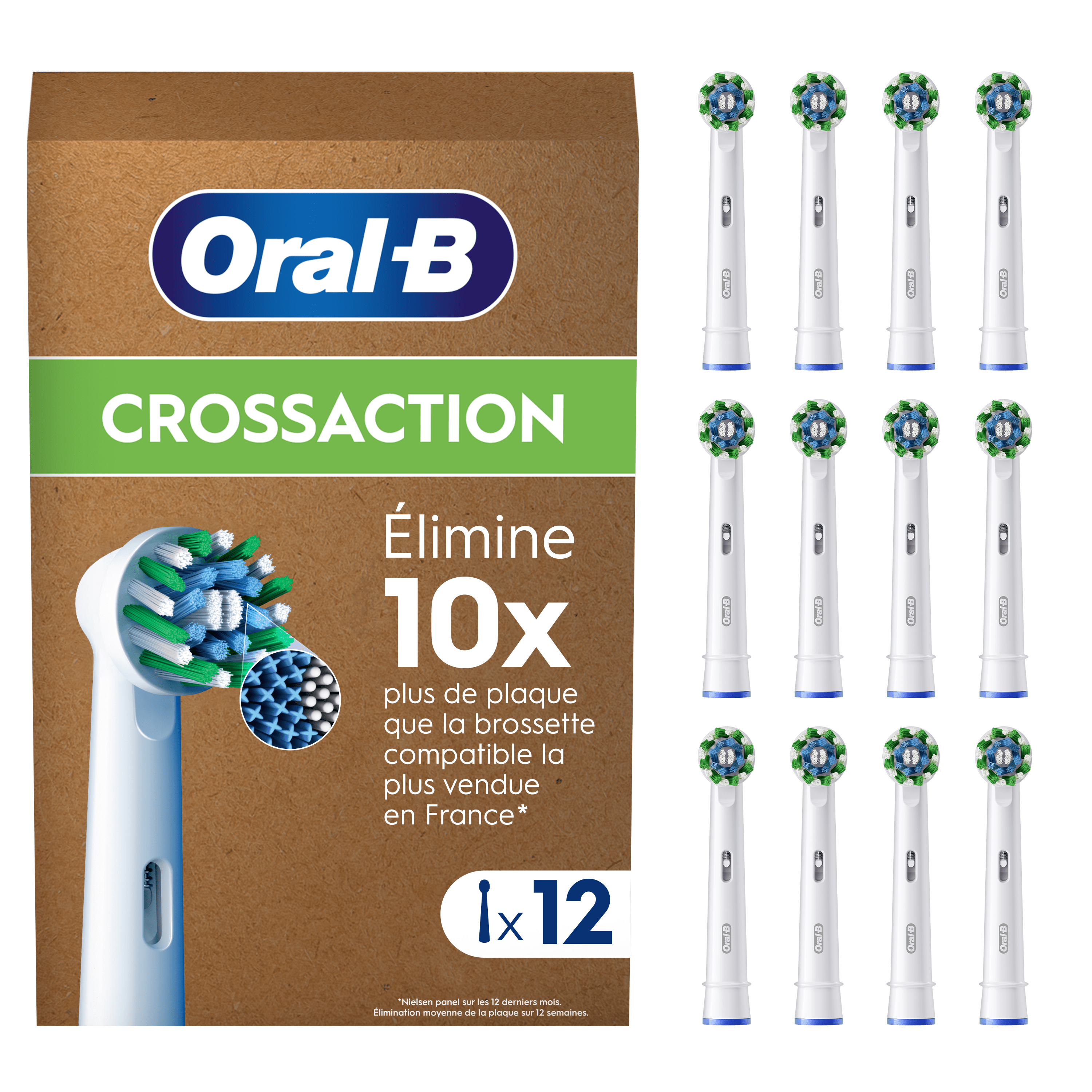 Oral-B CrossAction, pack de 12 têtes de brosse, élimine 10 fois plus de plaque que la brosse compatible la plus vendue en France.
