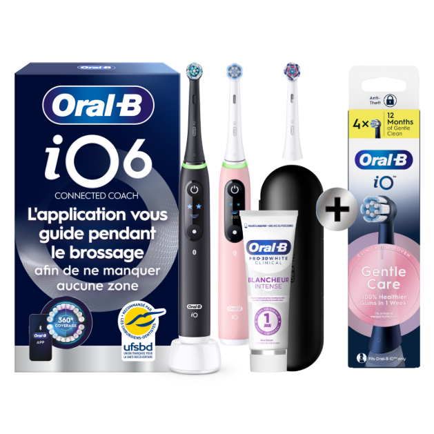 Oral-B iO6 Noire et Rose Brosses à dents électriques + 3 brossettes + Étui de voyage Premium + Oral-B 3D White…: retailer-supplied image