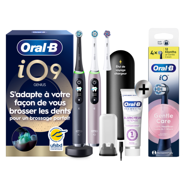 Oral-B iO9 Noire et Rose Brosses à dents électriques + 3 brossettes + Étui de voyage + Oral-B 3D White Dentifrice…: retailer-supplied image