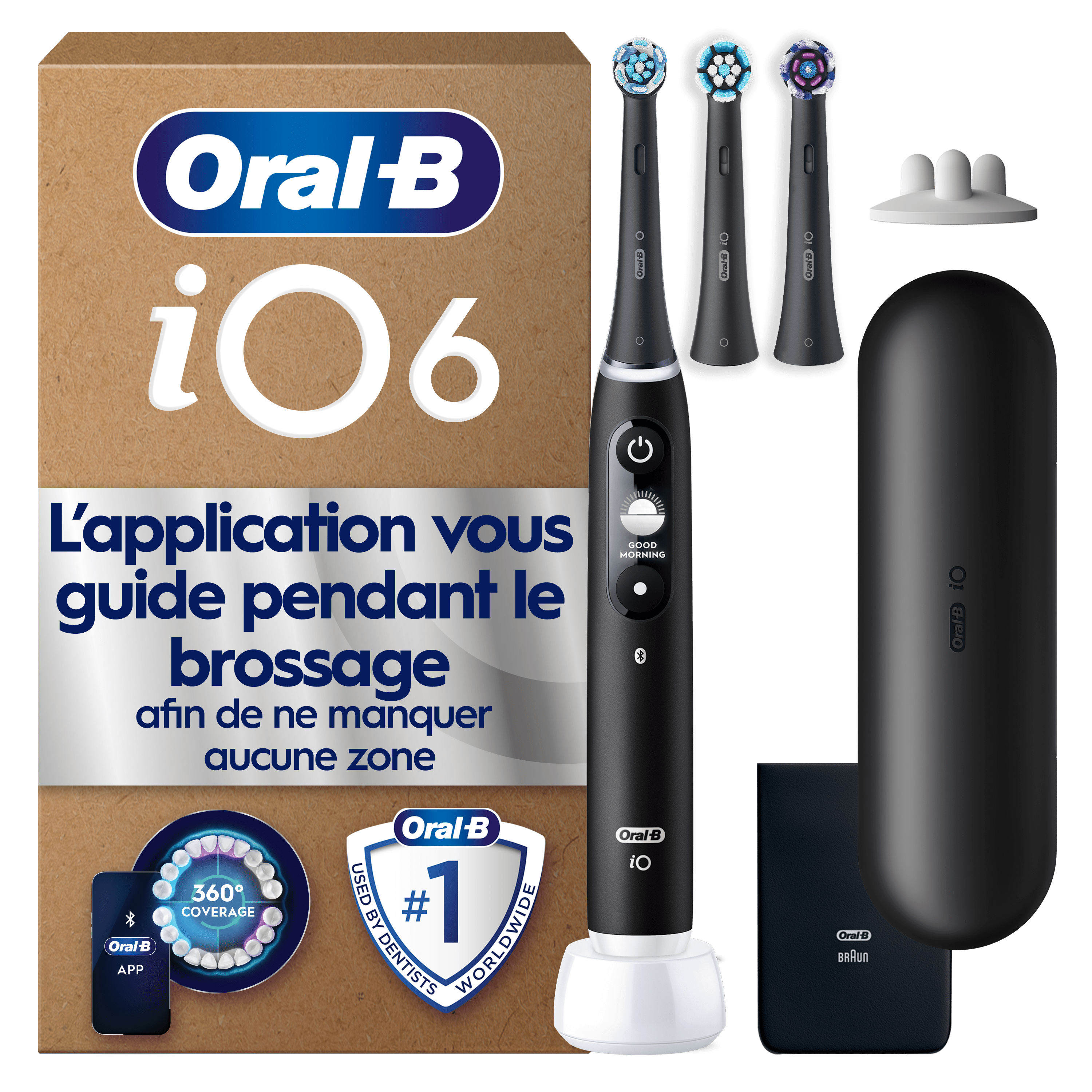 Brosse à dents électrique Oral-B iO6 Noire, 3 brossettes, Étui de voyage premium
