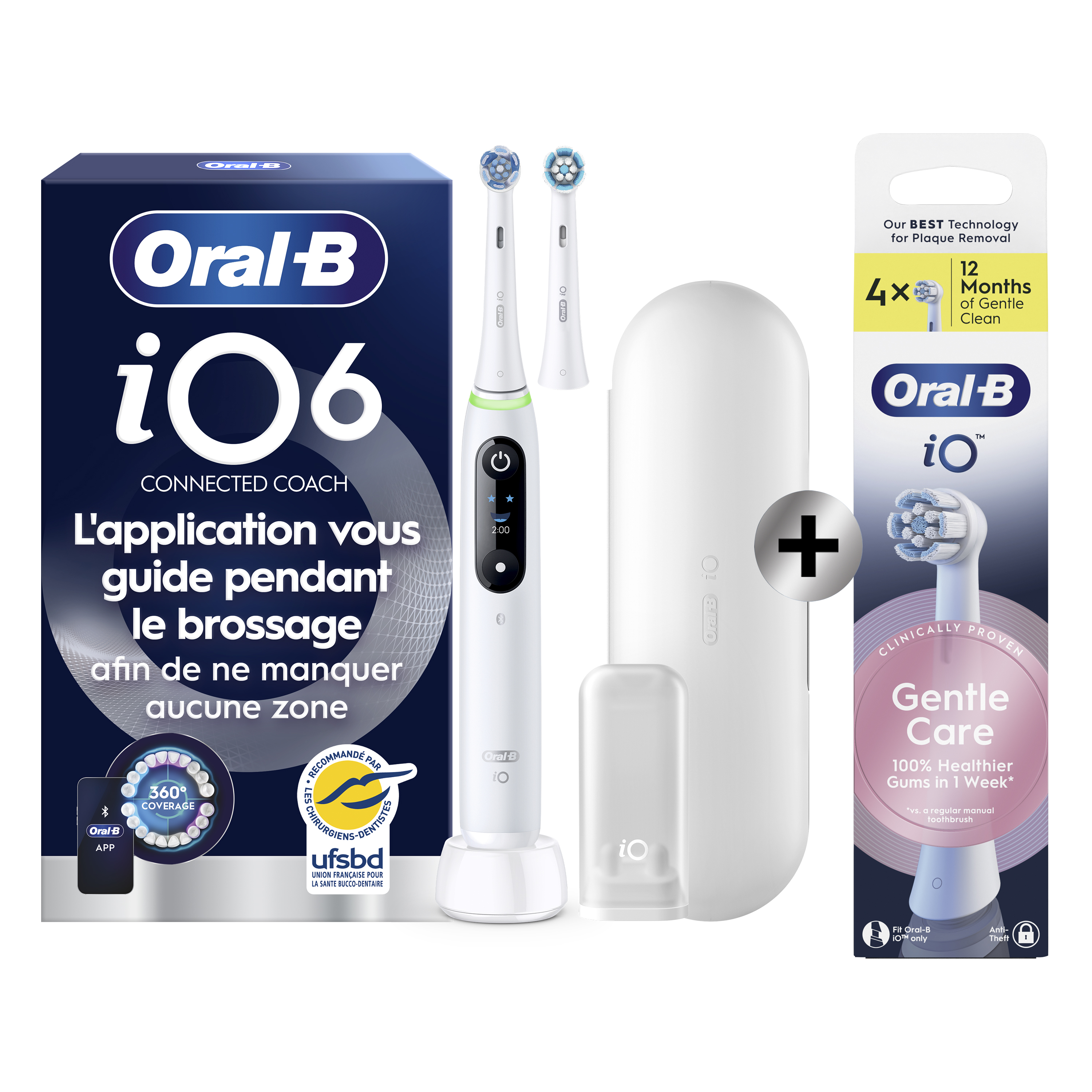 Oral-B iO 6 Blanche Brosse à dents électrique avec 2 brossettes + 4 brossettes: retailer-supplied image