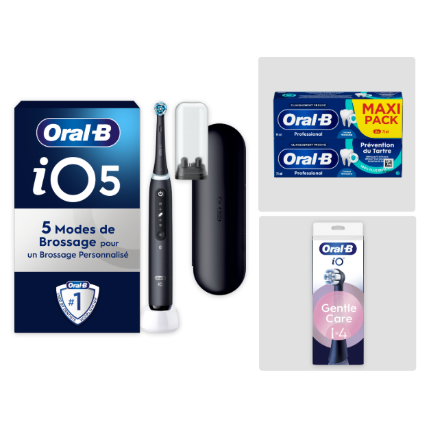 Oral-B iO5 Noire - Pack Sensibilité avec : 1 brosse à dents électrique + 2 dentifrices + 4 brossettes + 1 étui de voyage