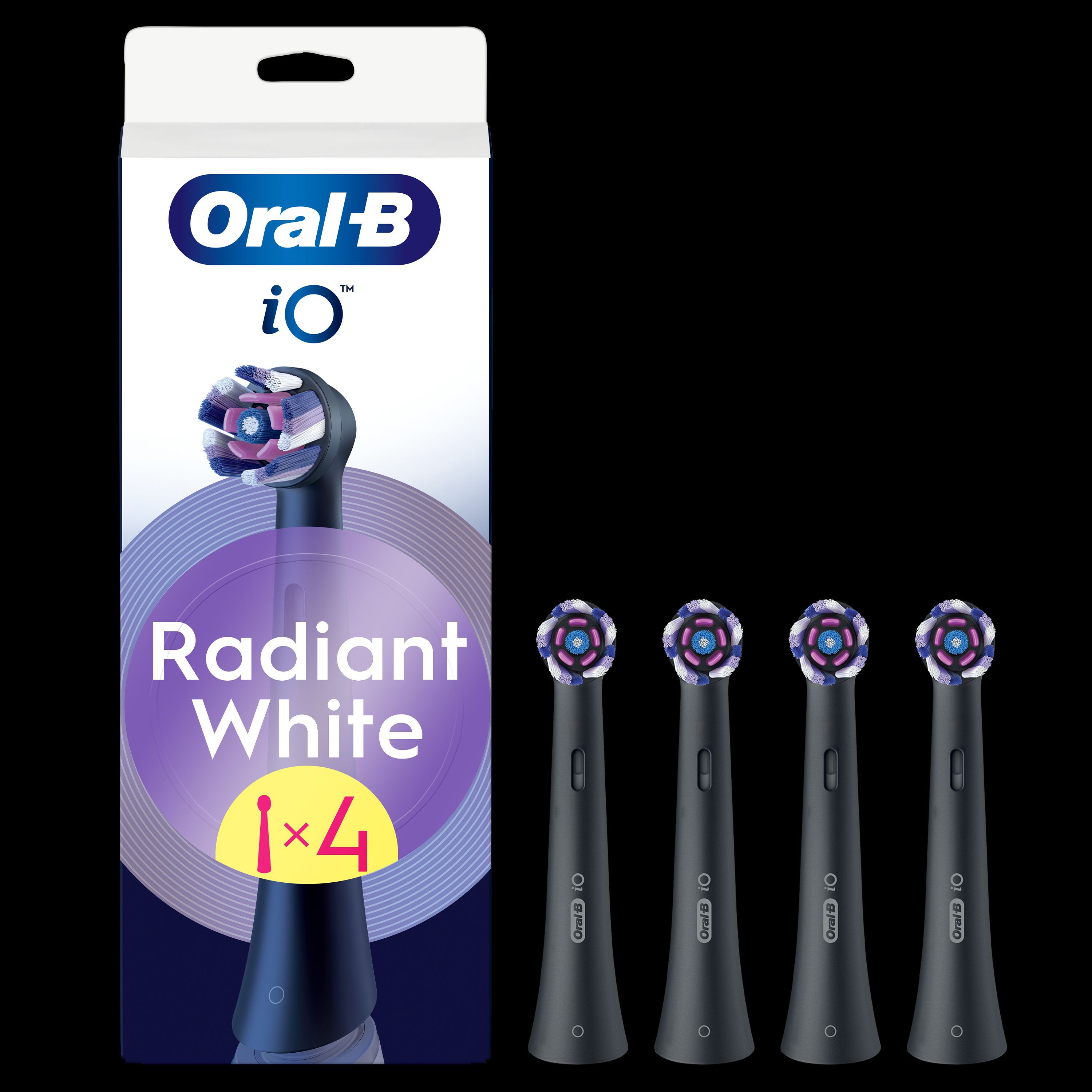 Oral-B iO, pack de 4 brossettes Radiant White, pour un nettoyage et un blanchiment éclatant des dents.