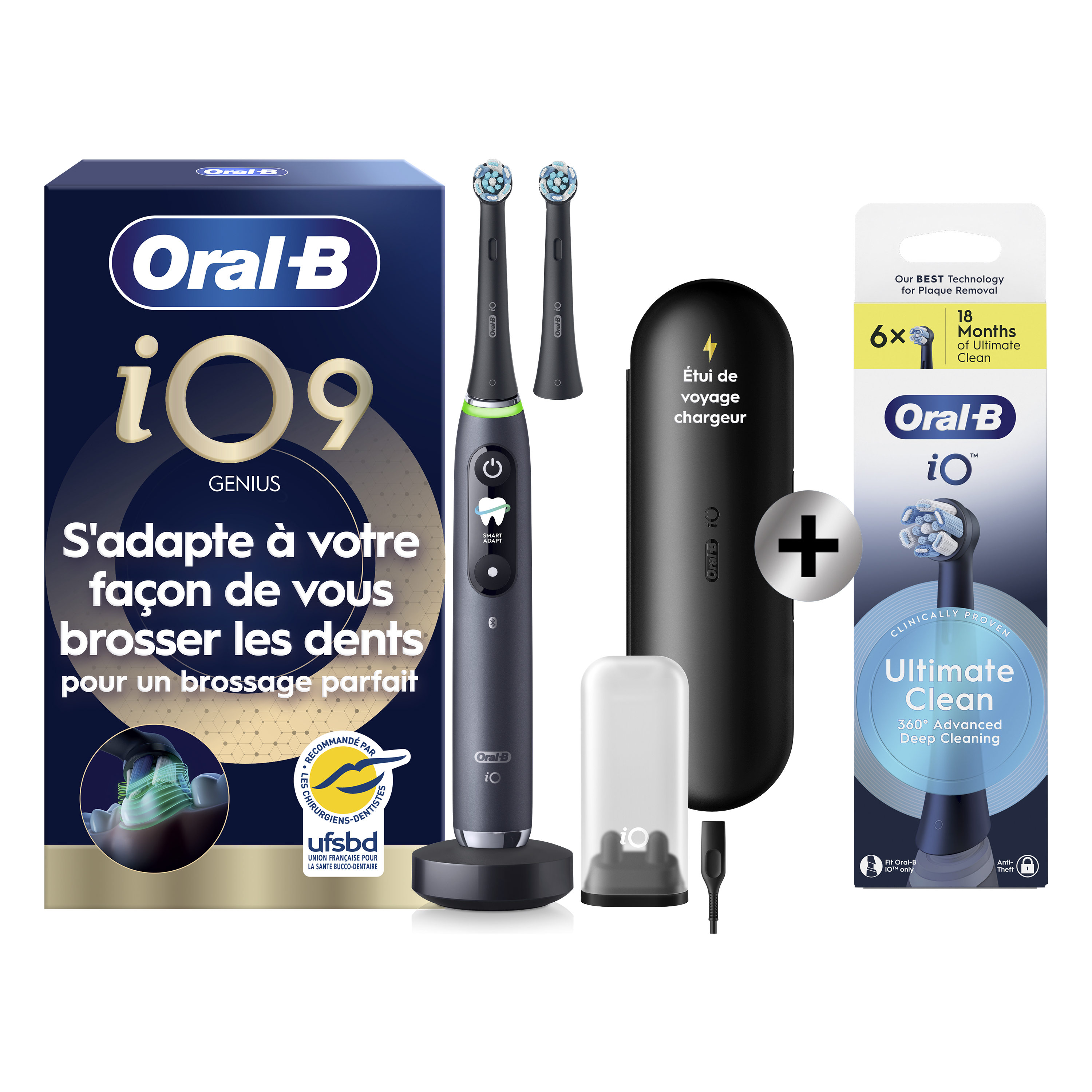 Oral-B iO 9 Noire Brosse à dents électrique avec 2 brossettes + 6 brossettes: retailer-supplied image