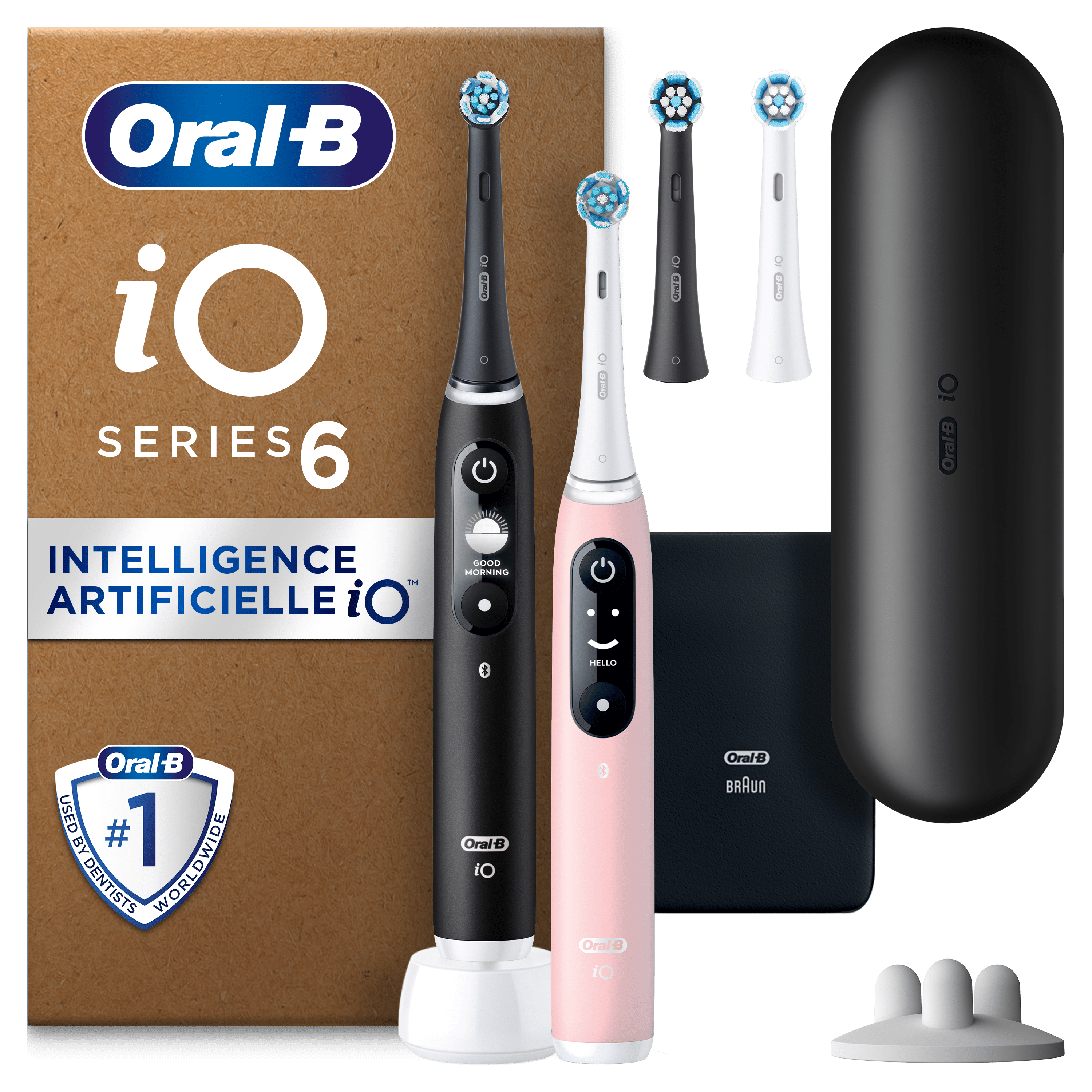 Oral-B iO 6 Lot de 2, Brosses à Dents Électriques Noire et Rose, 3 Brossettes, 1 Pochette pour Chargeur