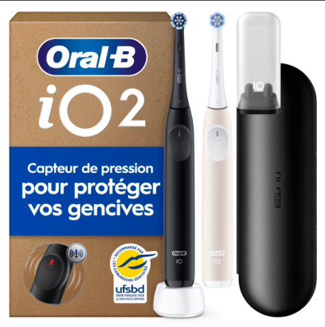 Oral-B iO2 DUO Brosses À Dents Électriques Noire et Rose Clair, 2 Brossettes, 1 Étui De Voyage, 1 Porte-Brossettes De…: retailer-supplied image