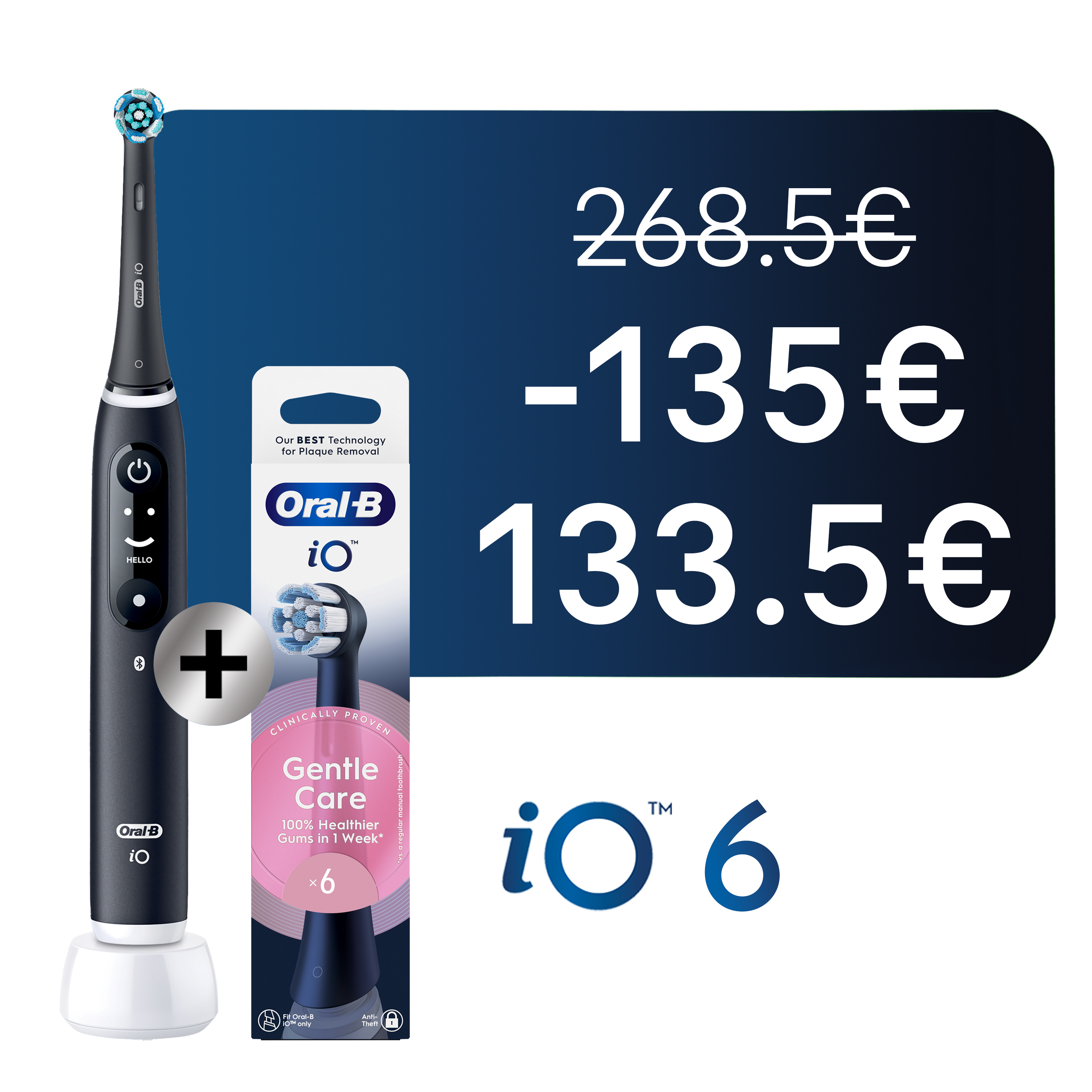 Oral-B iO 6 Brosse À Dents Électrique Noire + Brossettes iO Gentle Care Noires, Lot de 6