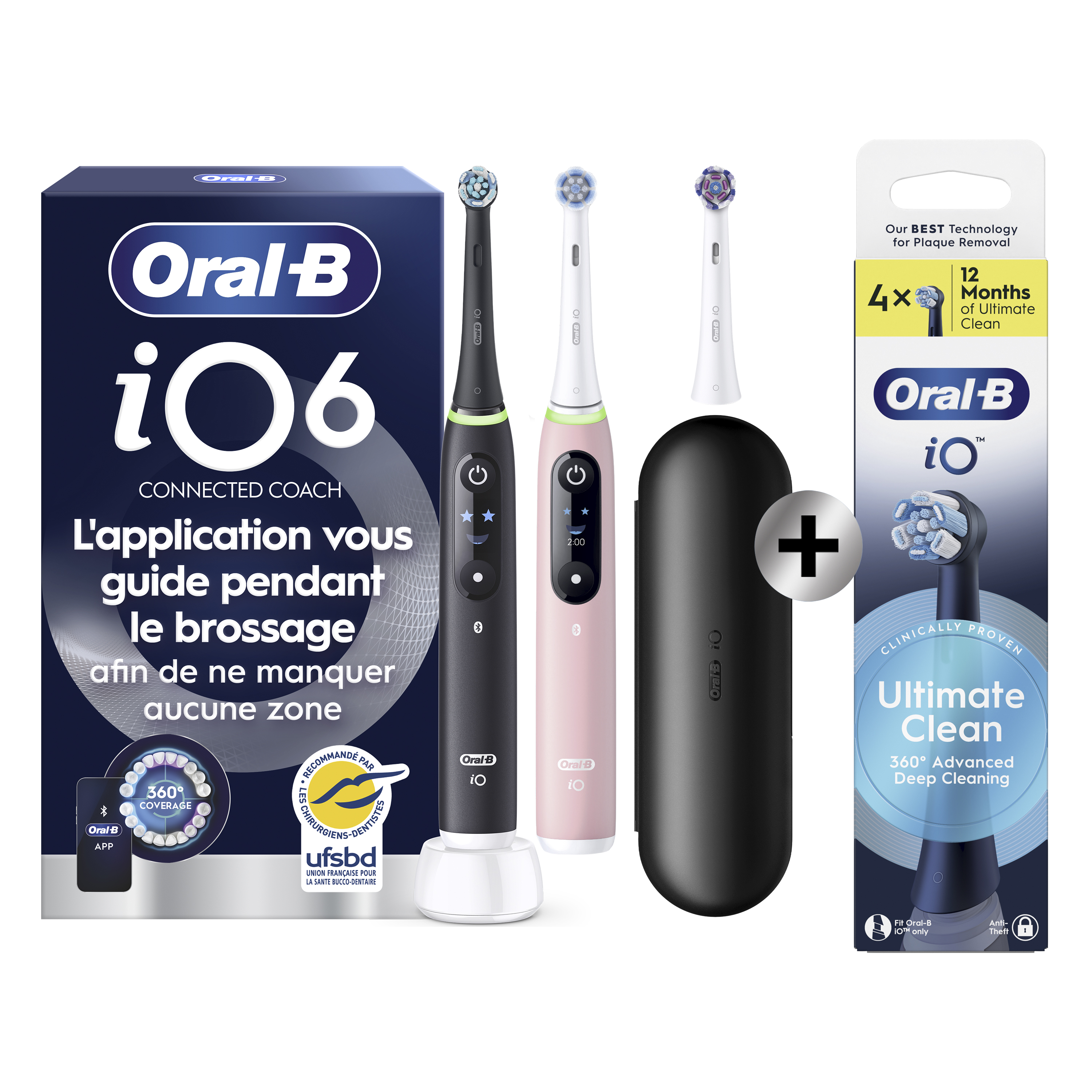 Oral-B Duo Pack iO 6 - Brosses à dents électriques (Noire & Rose) avec 3 brossettes + pack de 4 brossettes: retailer-supplied image