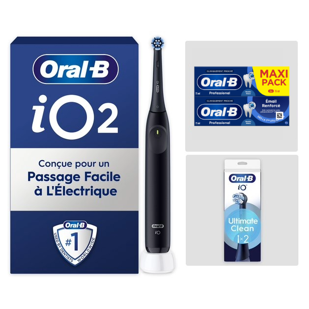 Pack Oral-B iO2 Noire - Nettotage Intense avec : 1 brosse à dents électrique + 2 dentifrices + 2 brossettes