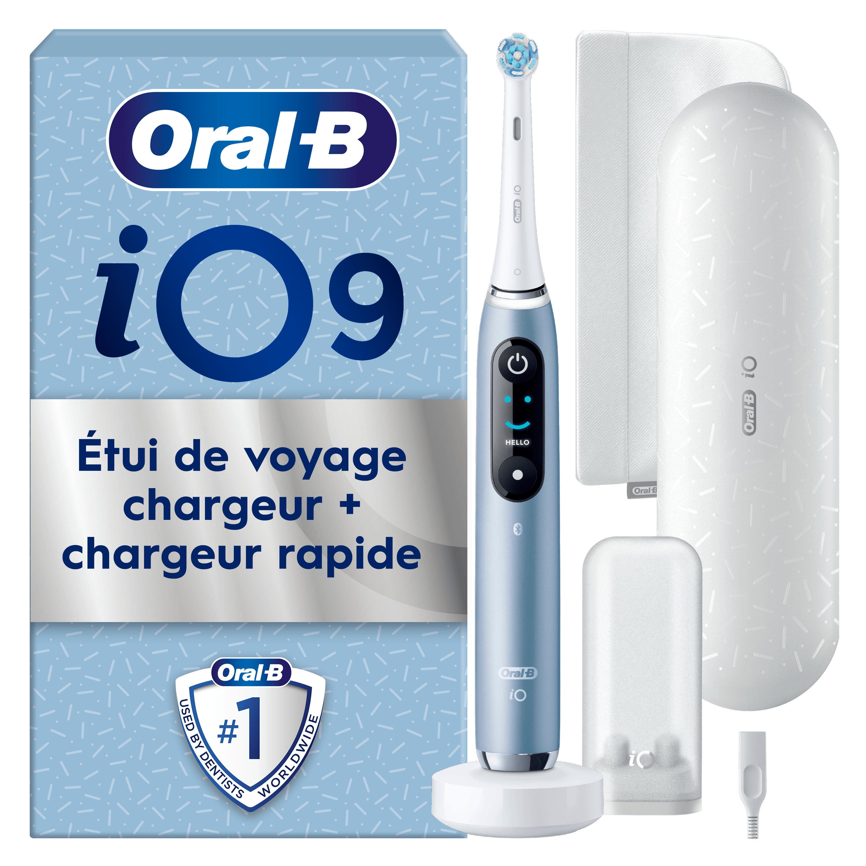 Oral-B iO9 avec Étui de voyage chargeur et chargeur rapide.