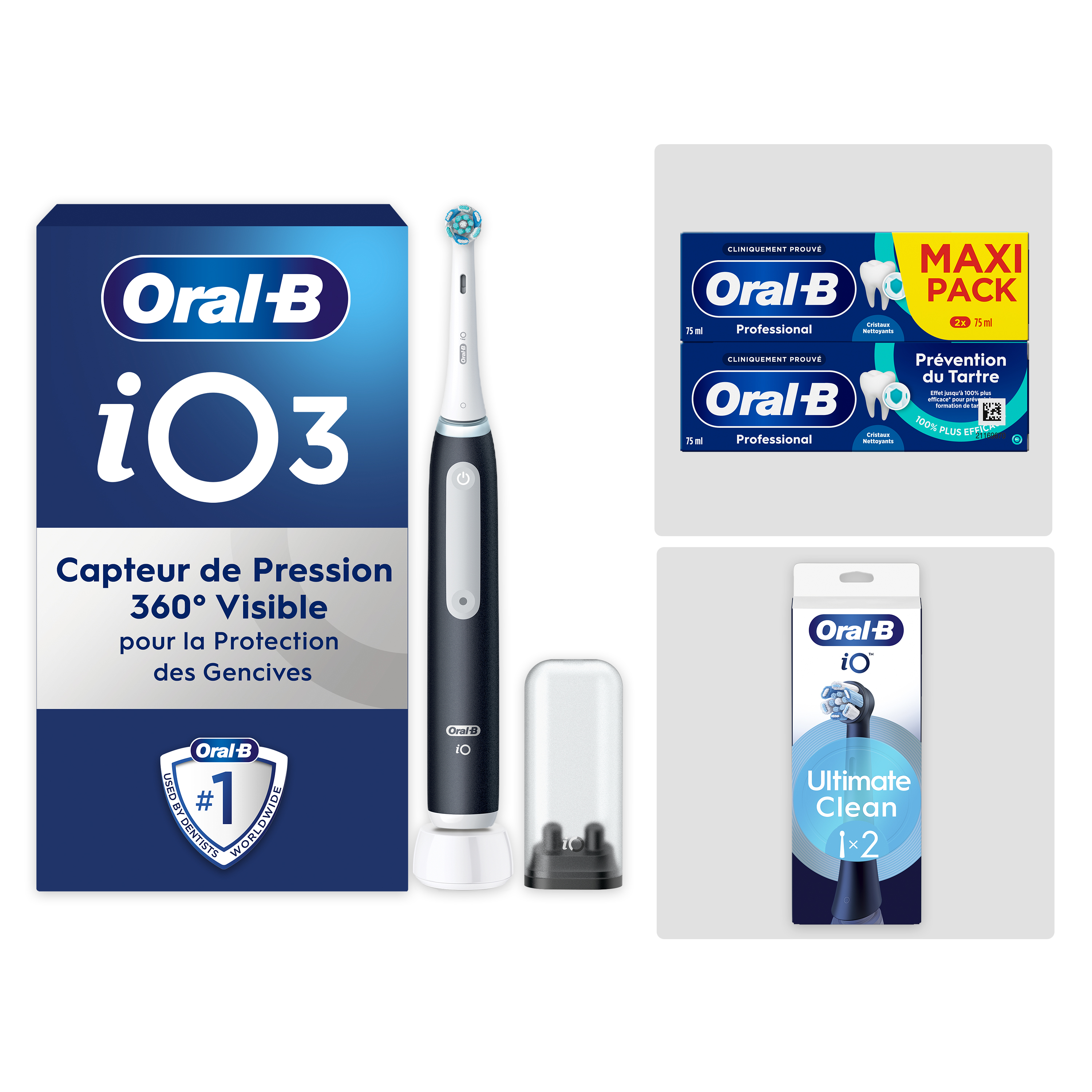 Pack Oral-B iO3 Noire - Nettoyage Intense avec : 1 brosse à dents électrique + 2 dentifrices + 2 brossettes