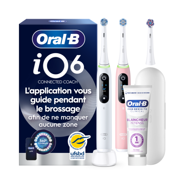 Oral-B iO6 Blanche et Rose Brosses à dents électriques + 3 brossettes + Étui de voyage Premium + Oral-B 3D White…: retailer-supplied image