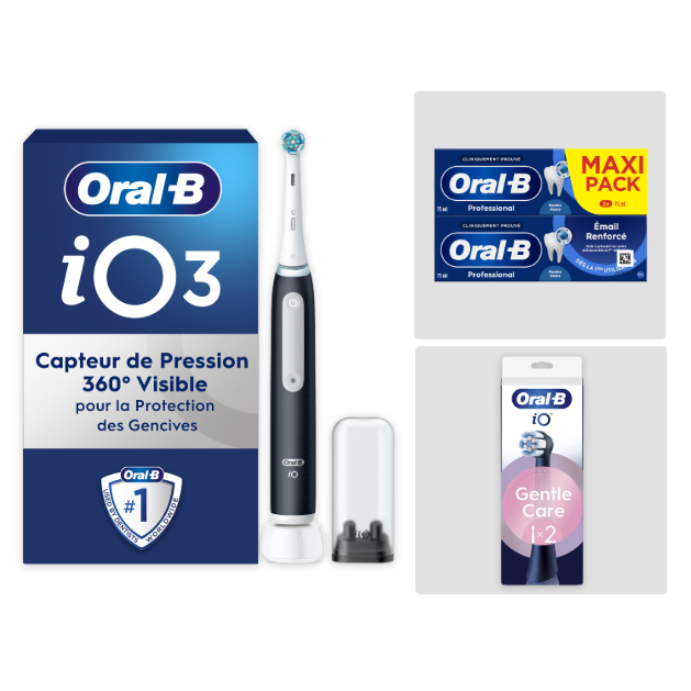 Pack Oral-B iO3 Noire - Nettoyage Intense avec : 1 brosse à dents électrique + 2 dentifrices + 2 brossettes