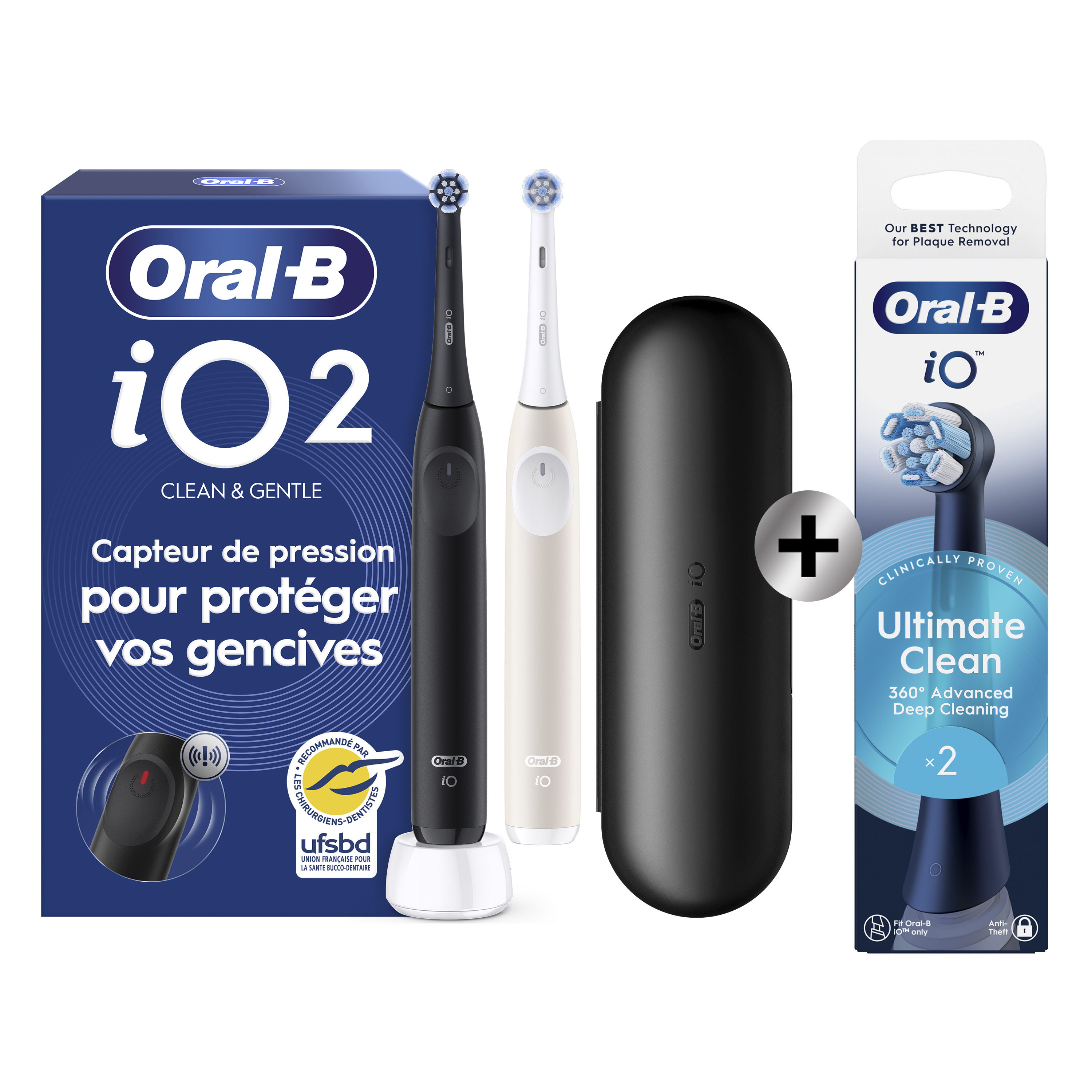Oral-B iO2 DUO, Brosses À Dents Électriques Noire Et Rose Clair, 2 Brossettes + pack de 2 brossettes: retailer-supplied image