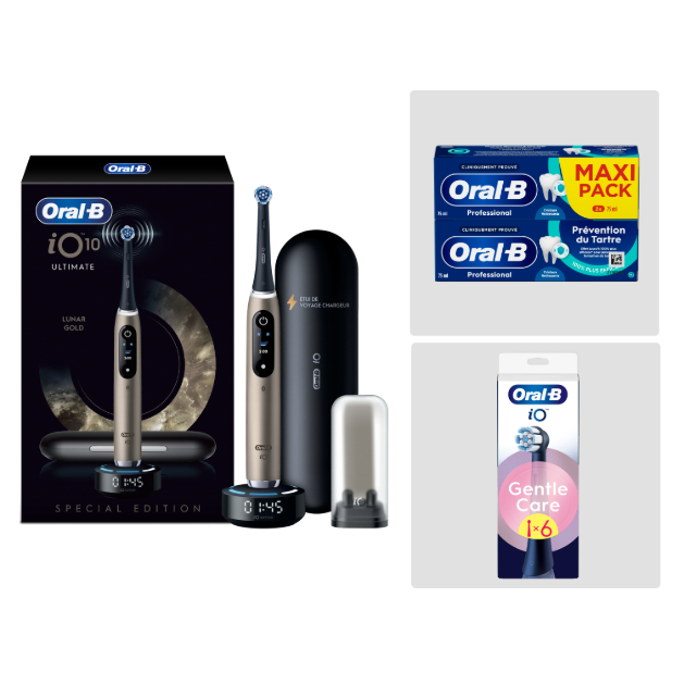 Pack Oral-B iO10 Gold - Sensibilité avec : 1 brosse à dents électrique + 2 dentifrices + 6 brossettes + 1 étui de voyage