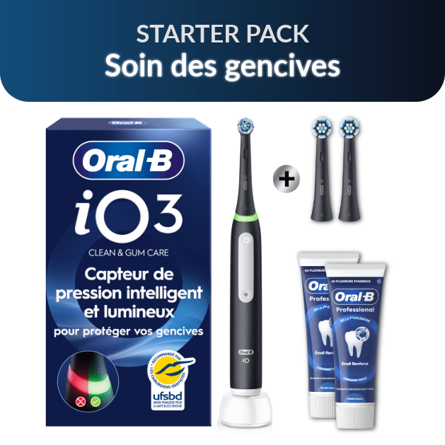 Oral-B iO3 Starter Pack: Soin des gencives | Brosse à dents électrique iO3 Noire + 2 brossettes Gentle Care Noires +…: retailer-supplied image