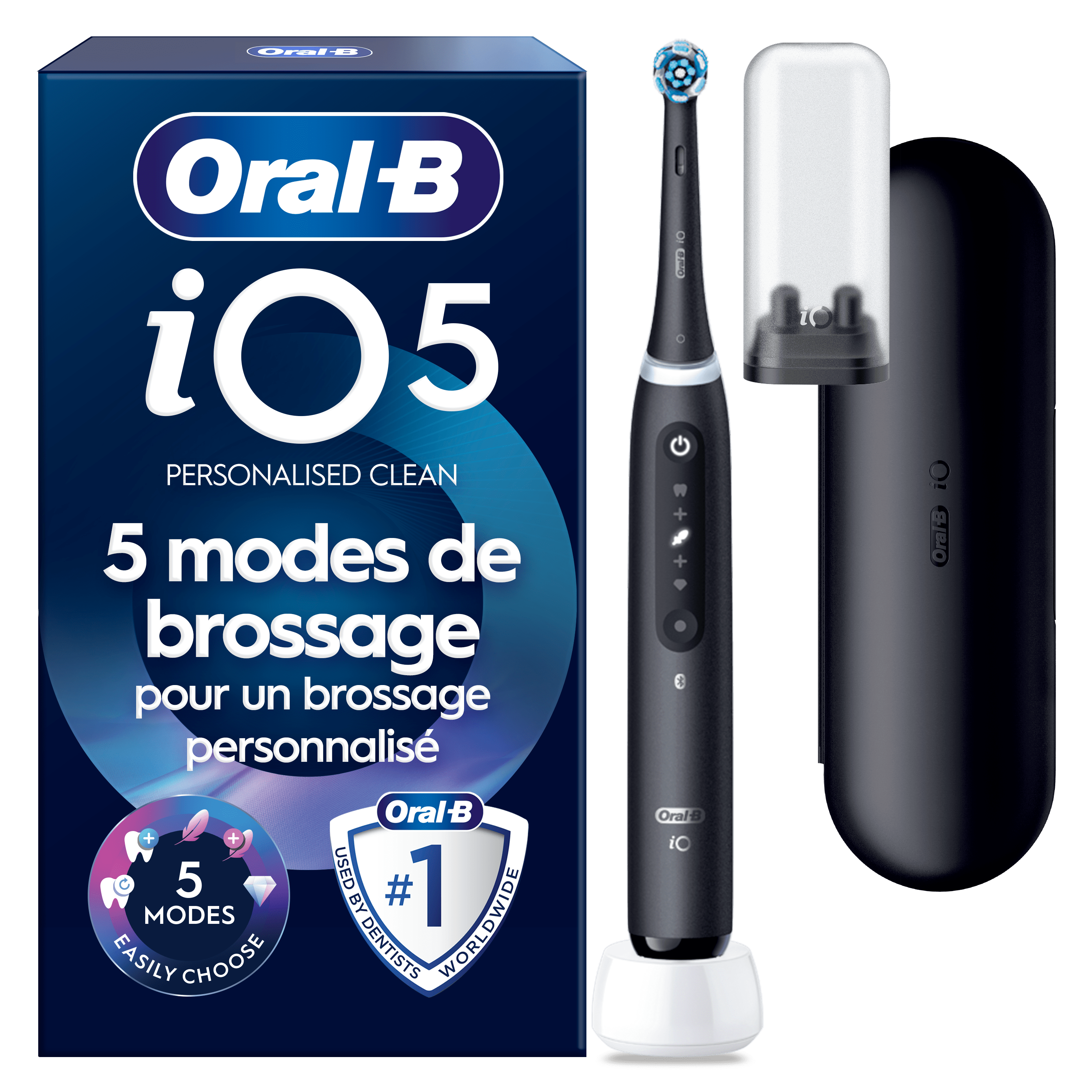 Brosse À Dents Électrique Oral-B iO5 Noire, 1 brossette, Étui De Voyage Premium, Porte-brossettes