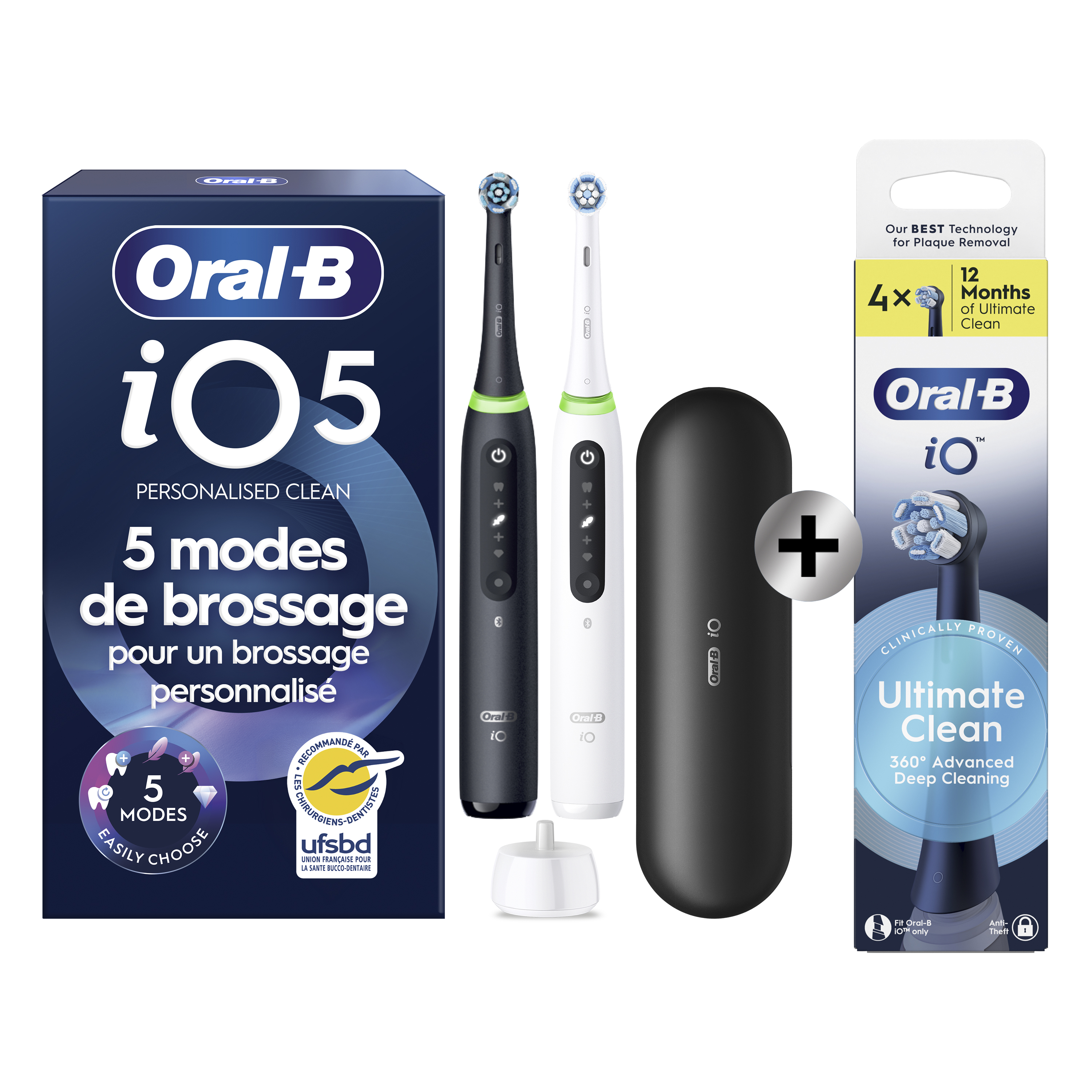 Oral-B Duo Pack iO 5 - Brosses à dents électriques (Noire & Blanche) avec 2 brossettes + pack de 4 brossettes: retailer-supplied image