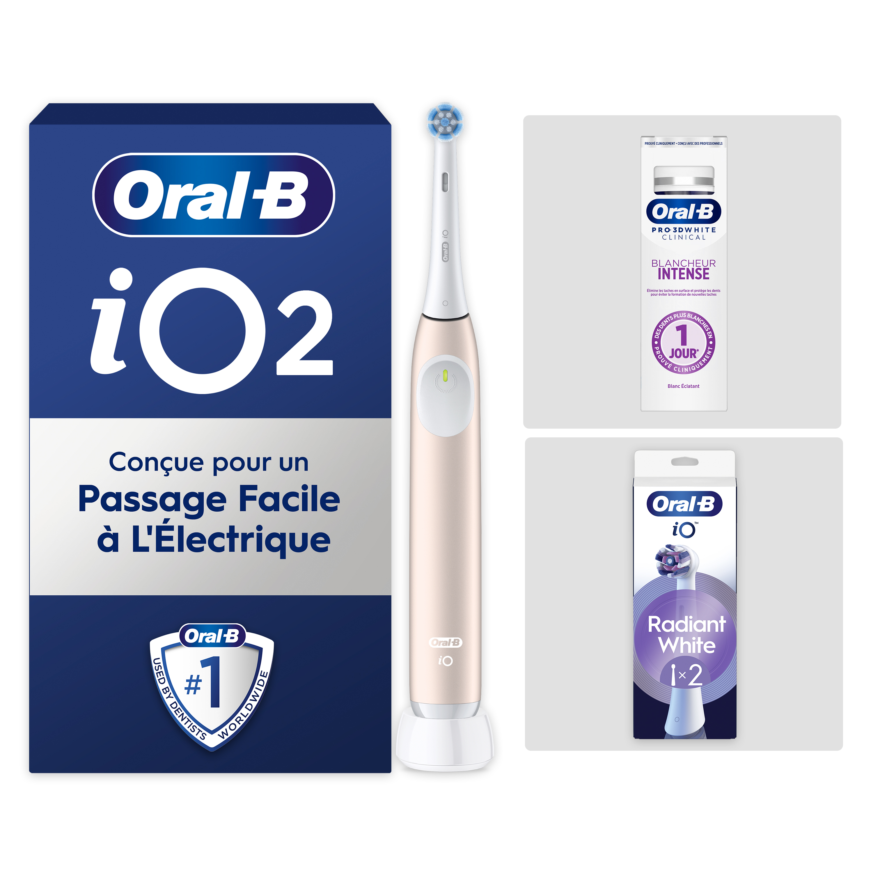 Pack Oral-B iO2 Rose - Blancheur avec : 1 brosse à dents électrique + 1 dentifrice + 2 brossettes
