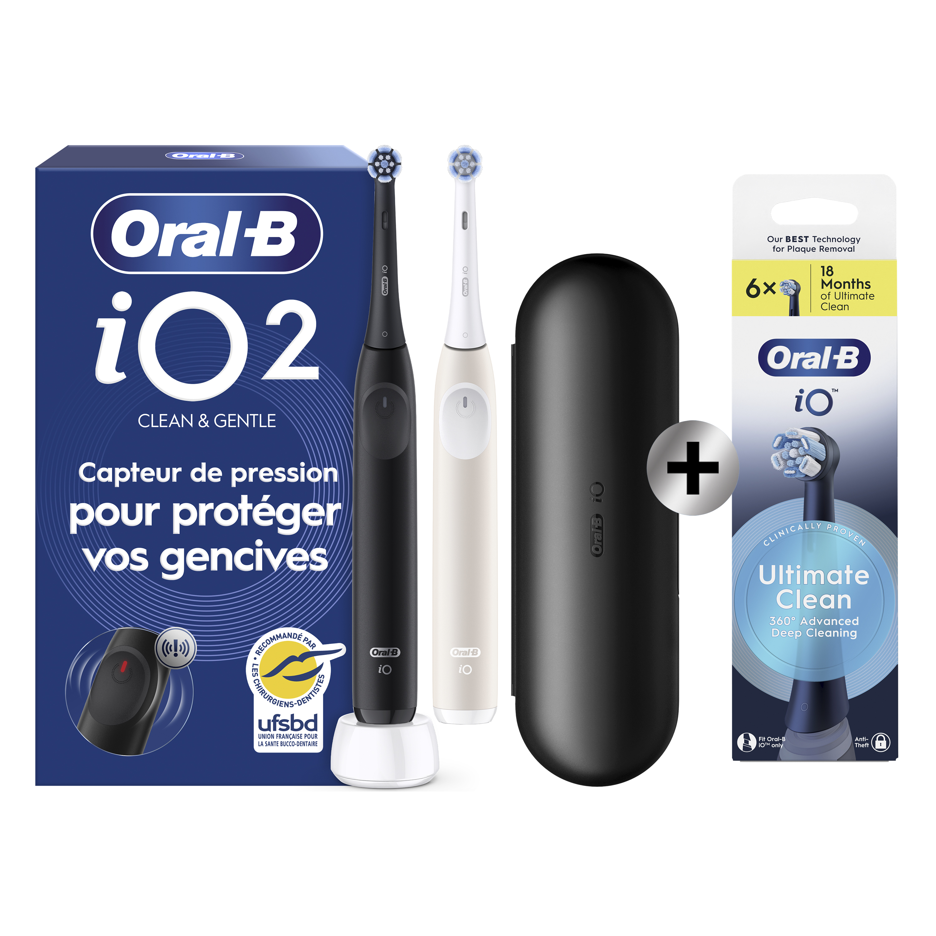 Oral-B iO2 DUO, Brosses À Dents Électriques Noire Et Rose Clair, 2 Brossettes + pack de 6 brossettes: retailer-supplied image