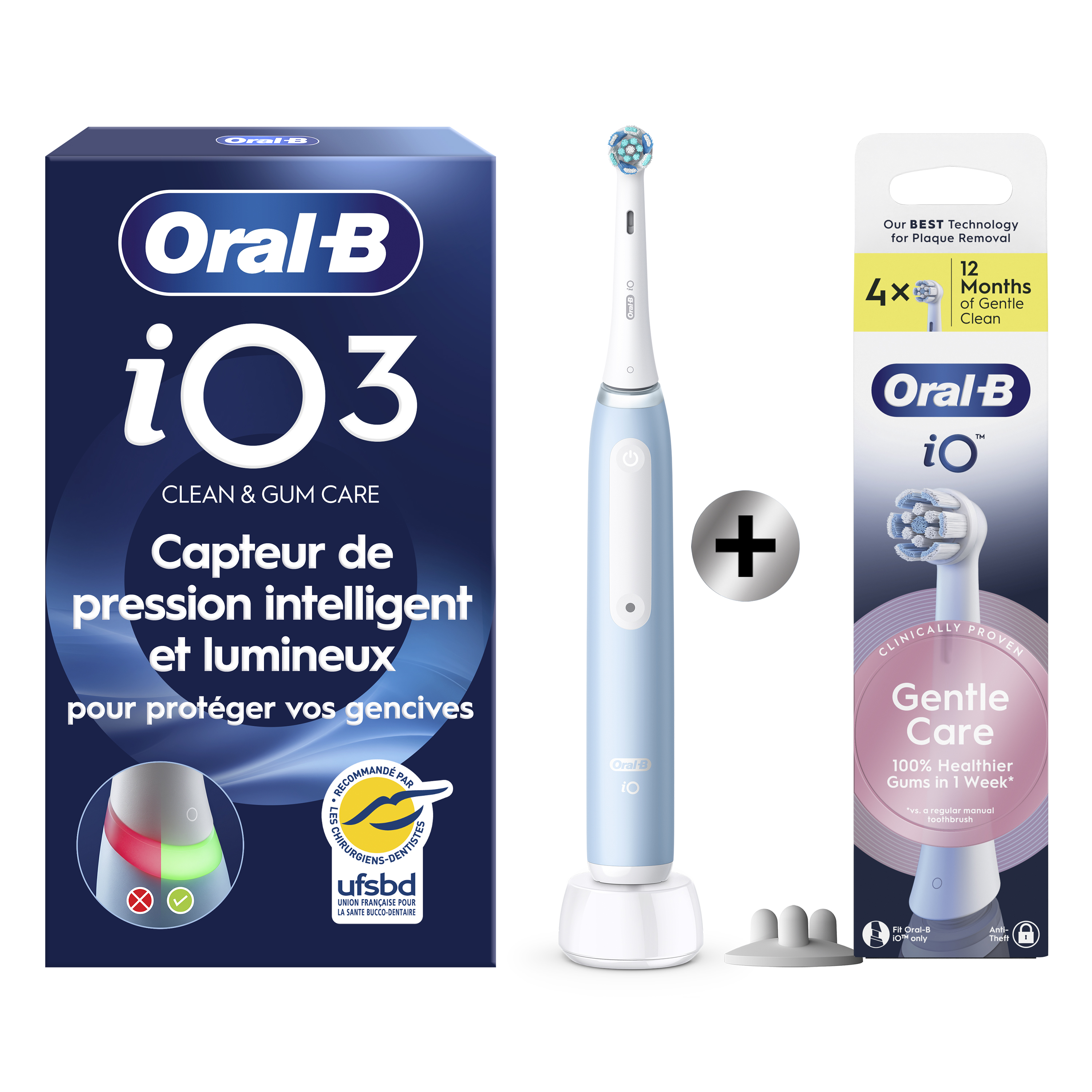 Oral-B iO 3 Bleue Brosse à dents électrique avec brossette + 4 brossettes: retailer-supplied image