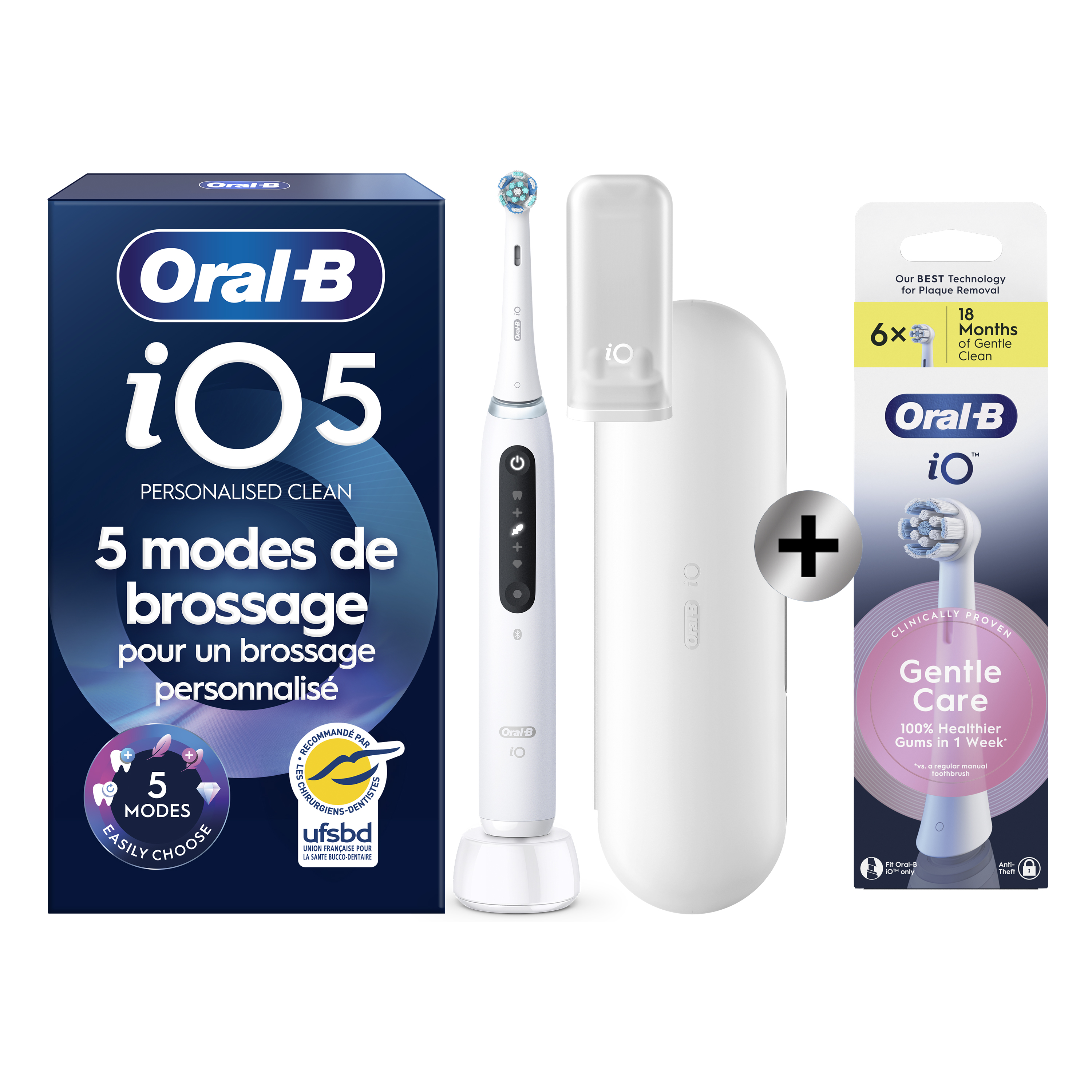 Oral-B iO 5 Blanche Brosse à dents électrique avec brossette + 6 brossettes: retailer-supplied image