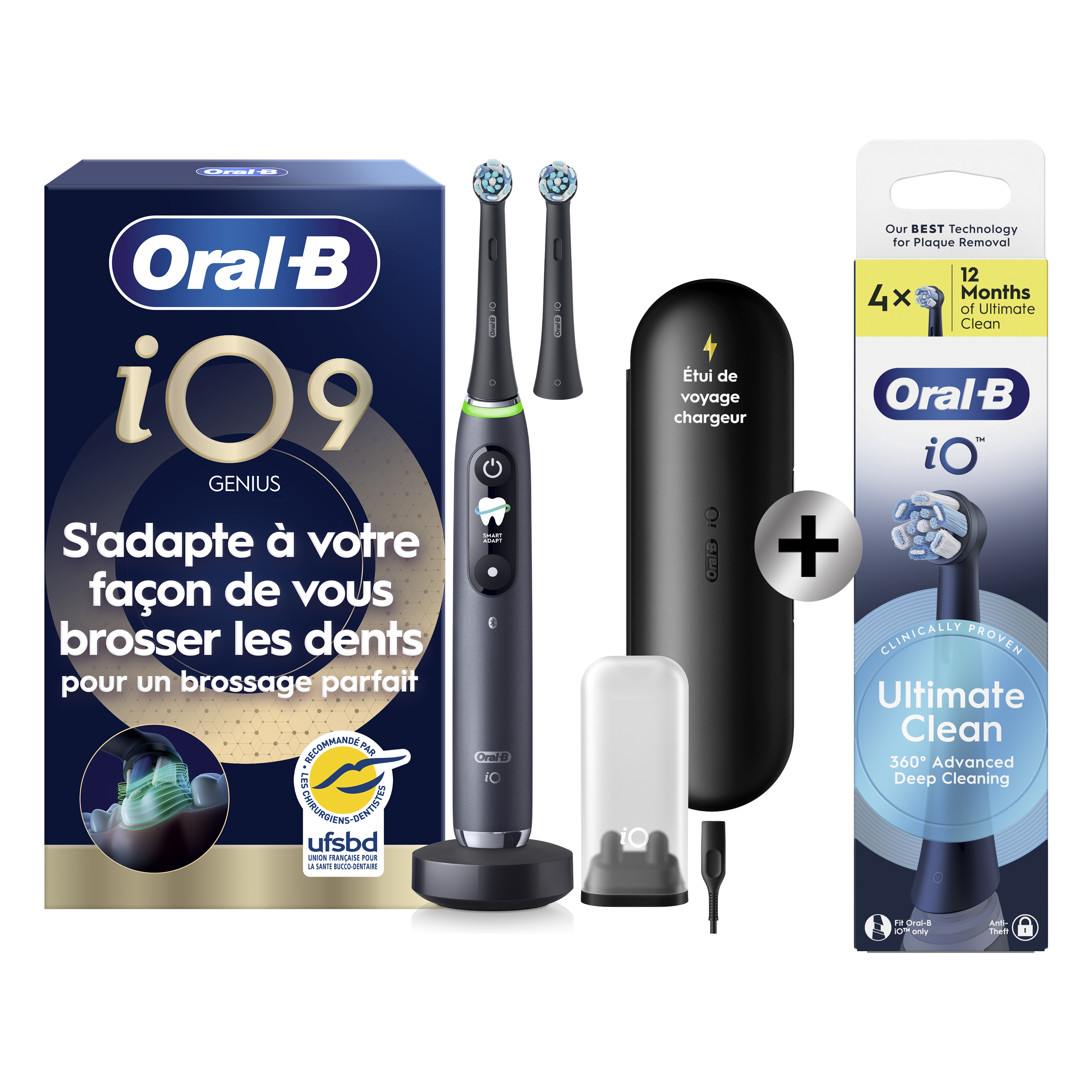 Oral-B iO 9 Noire Brosse à dents électrique avec 2 brossettes + 4 brossettes: retailer-supplied image