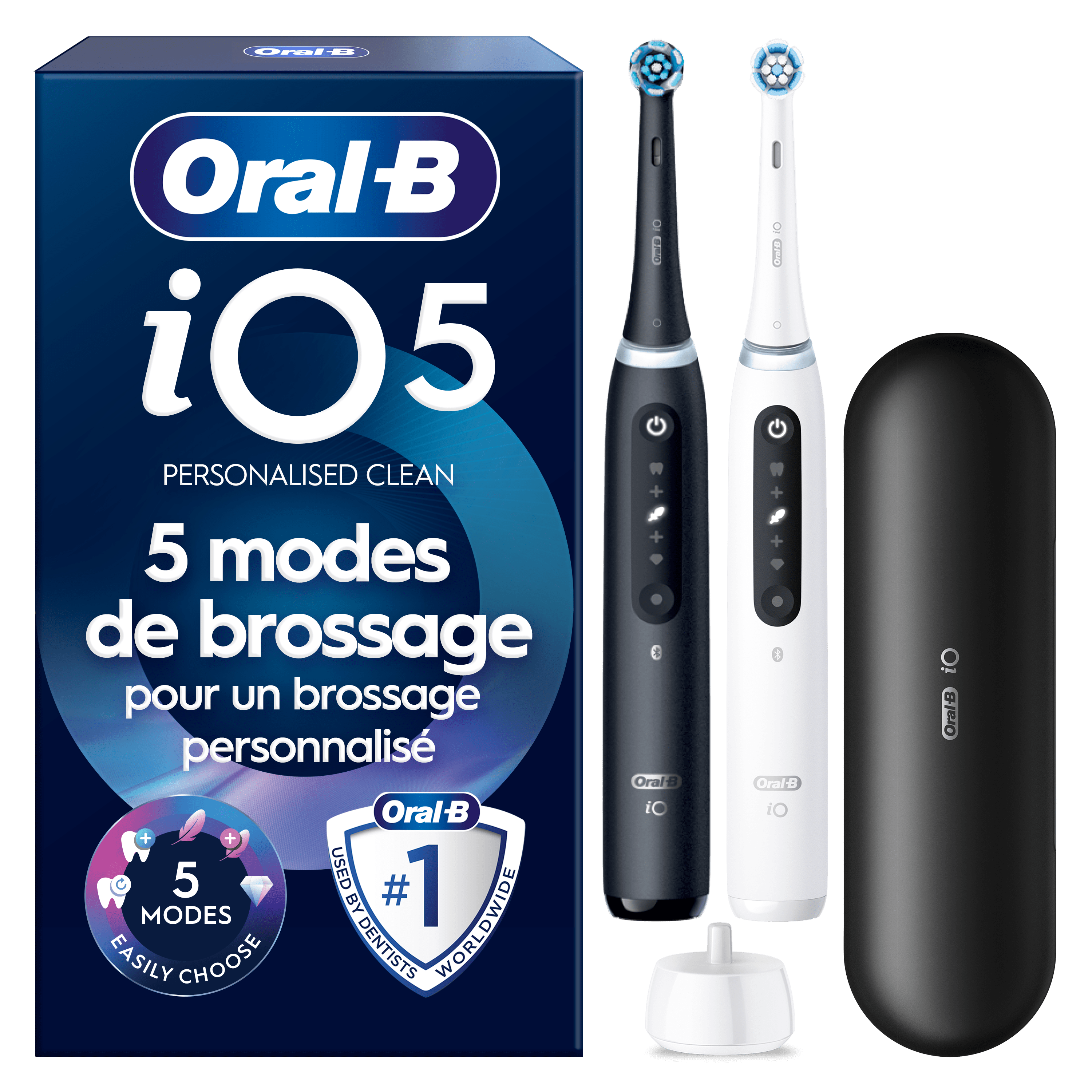Brosse à dents électrique Oral-B iO5, Lot de 2, Noire & Blanche, 2 brossettes, Étui de voyage Premium