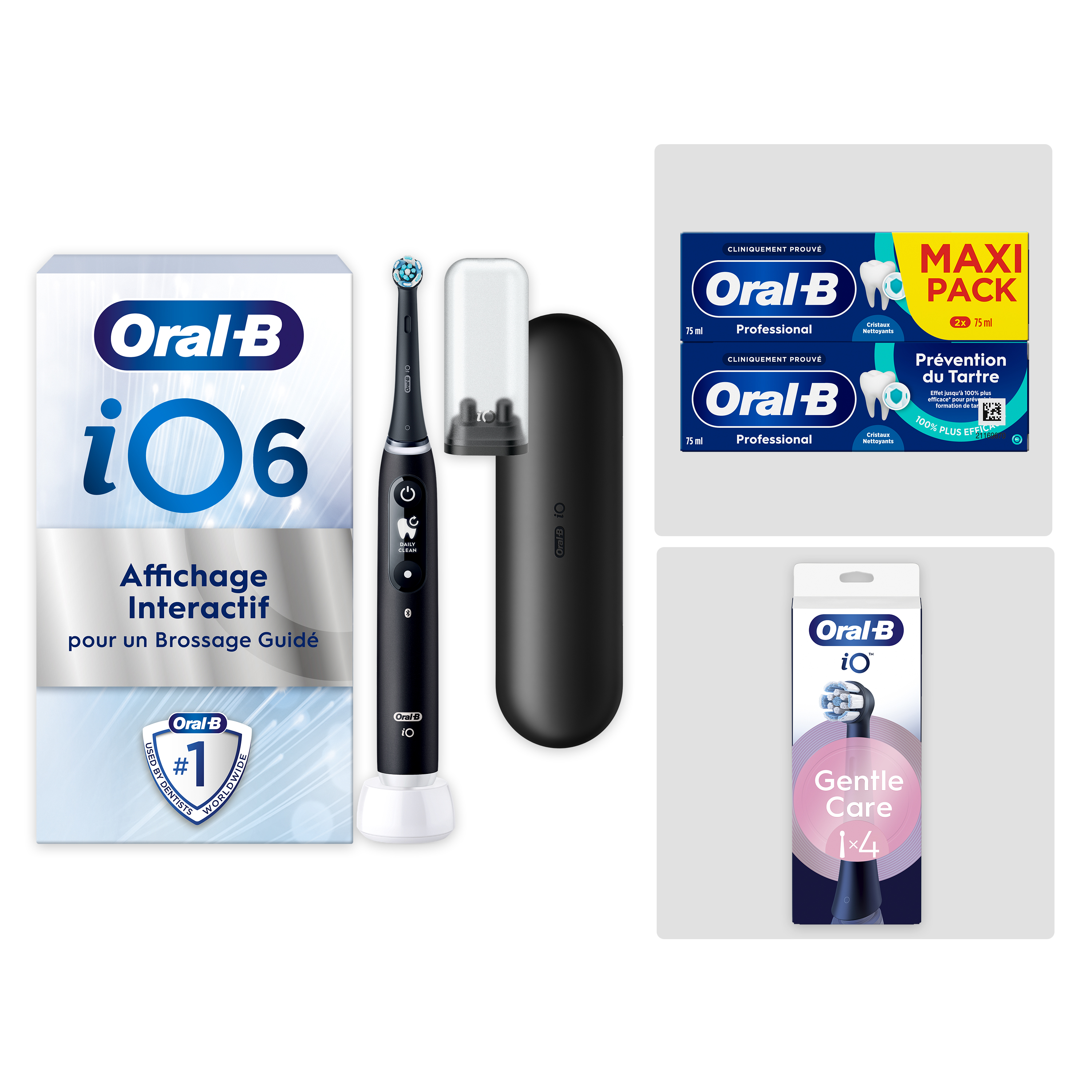 Pack Oral-B iO6 Noire - Nettoyage Classique avec : 1 brosse à dents électrique + 2 dentifrices + 4 brossettes + 1 étui de voyage