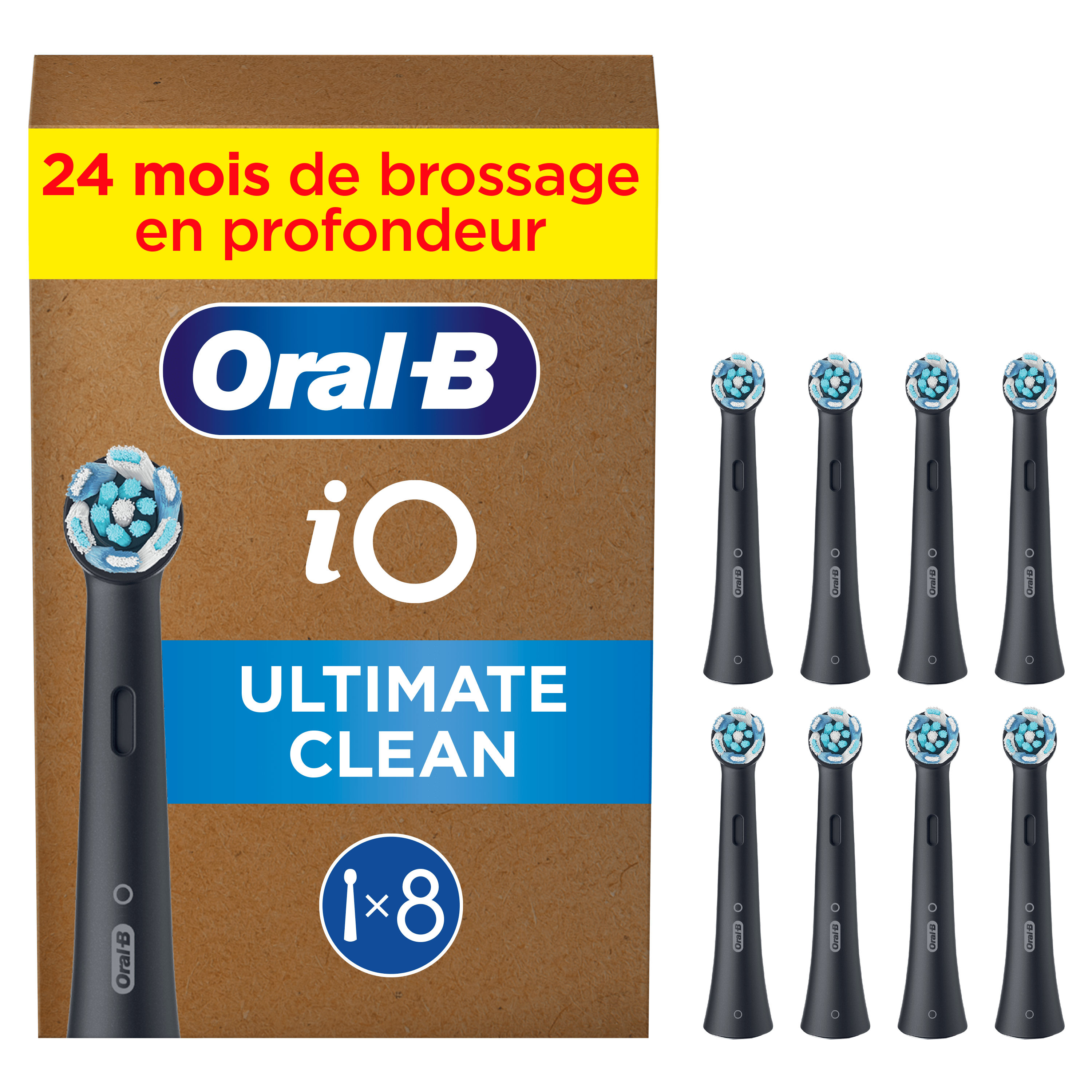 Oral-B iO Ultimate Clean, pack de 8 têtes de brosse, promettant 24 mois de brossage en profondeur.